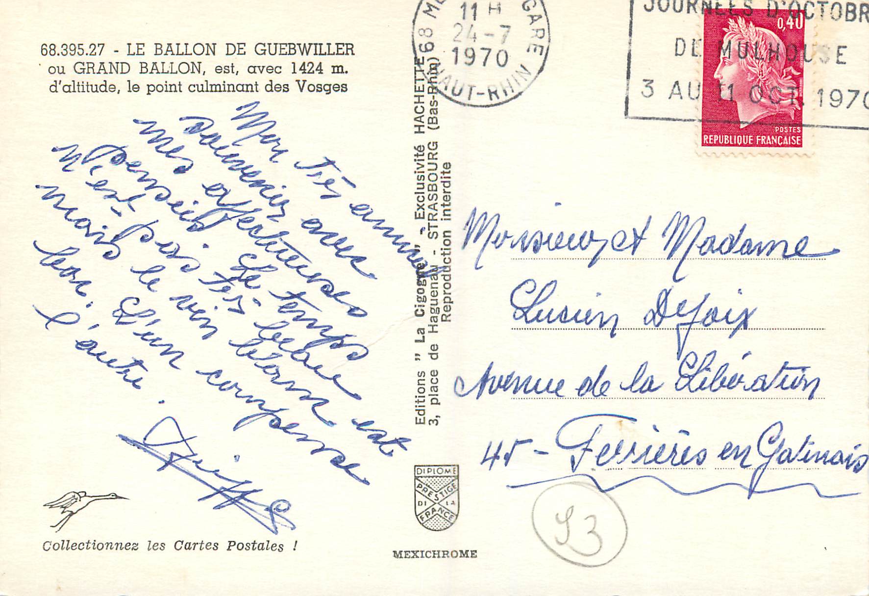 Le Ballon de Guebwiller — point culminant des Vosges — Éditions La Cigogne, Strasbourg — Verso