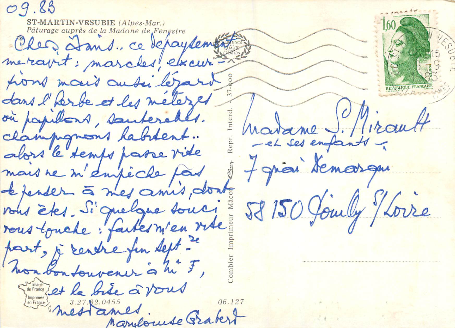 CPM St Martin Vesubie (Alpes Mar) Paturage Aupres  de la Madone de Fenestre Vaches — Rückseite