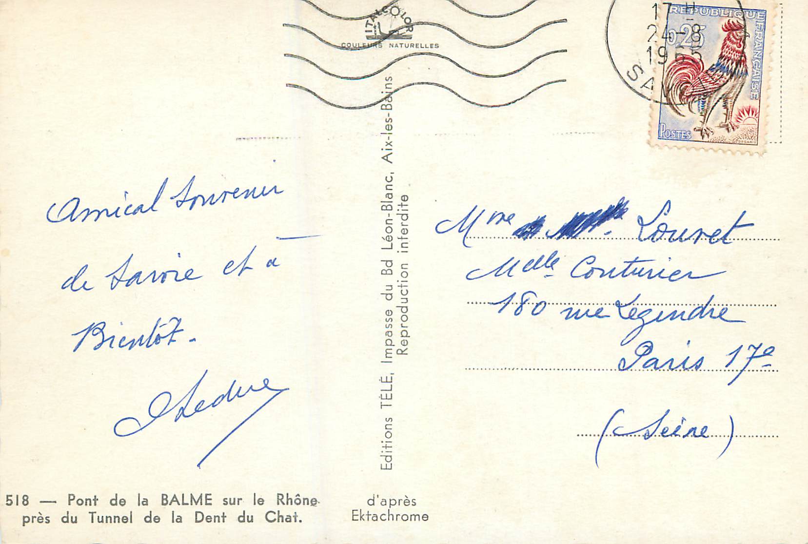 CPM Pont de la Balme sur le Rhone pres du Tunnel de la Dent du Chat — Rückseite