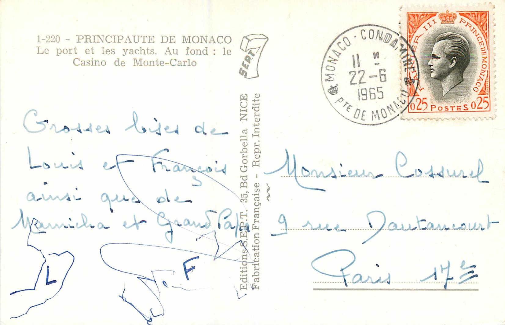 Port de Monaco — Le port et les yachts. Au fond : le Casino de Monte-Carlo — Editions S.E.P.T. - 1-220 — Verso