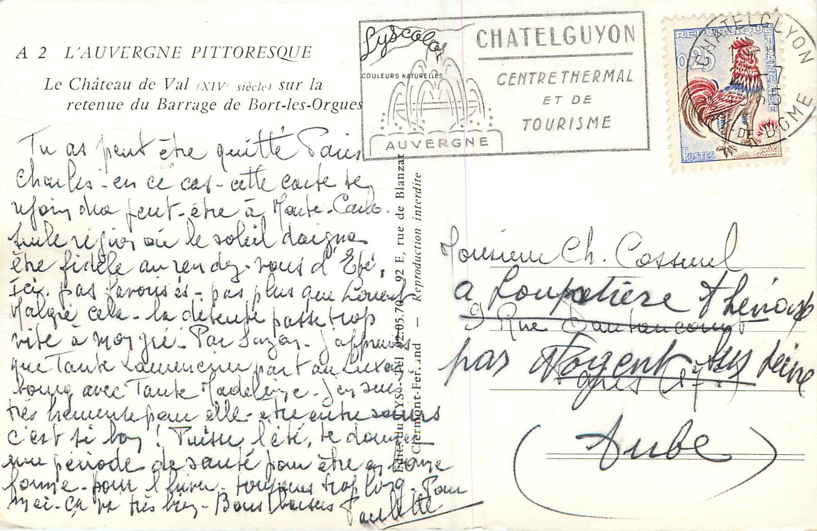 CPM L'Auvergne Pittoresque Le Chateau de Val (XIVe Siecle) Sur la Retenue du Barrage de Bort les Orgues — Rückseite