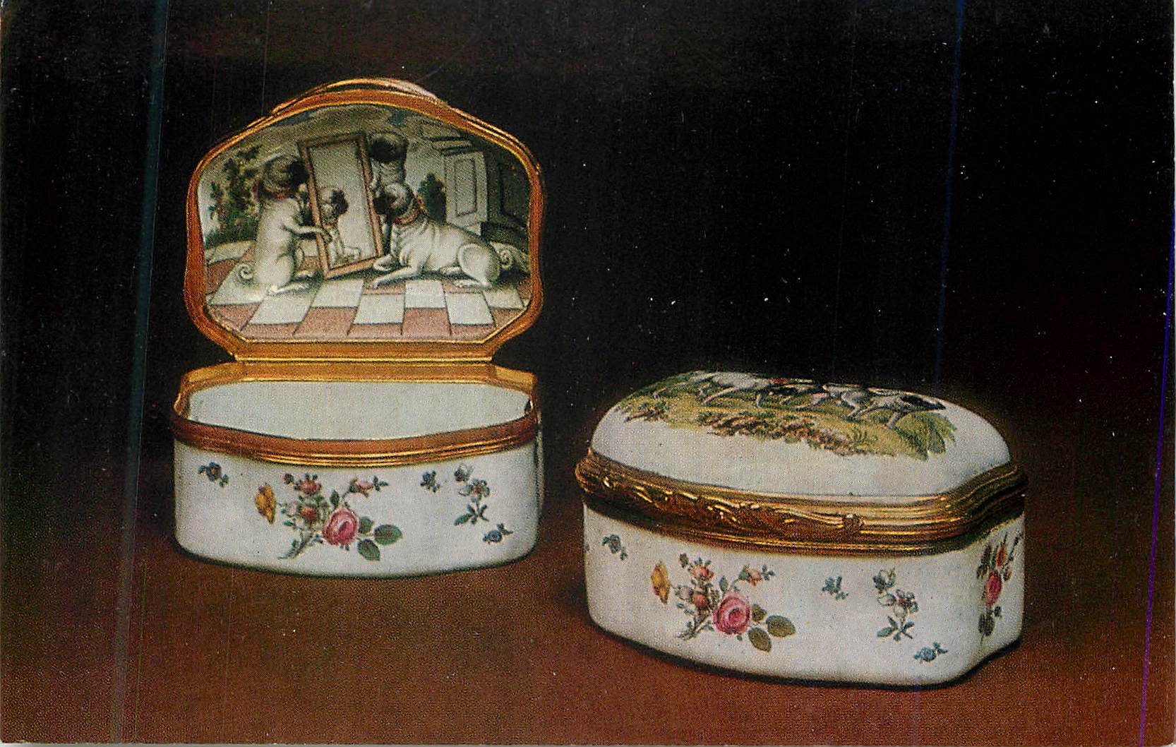 CPM Aurora Art Publishers Leningrad Russian Snuff Boxes Snuff Boxes with Painted Pug Dogs Playing Imperial Porcelain Fac