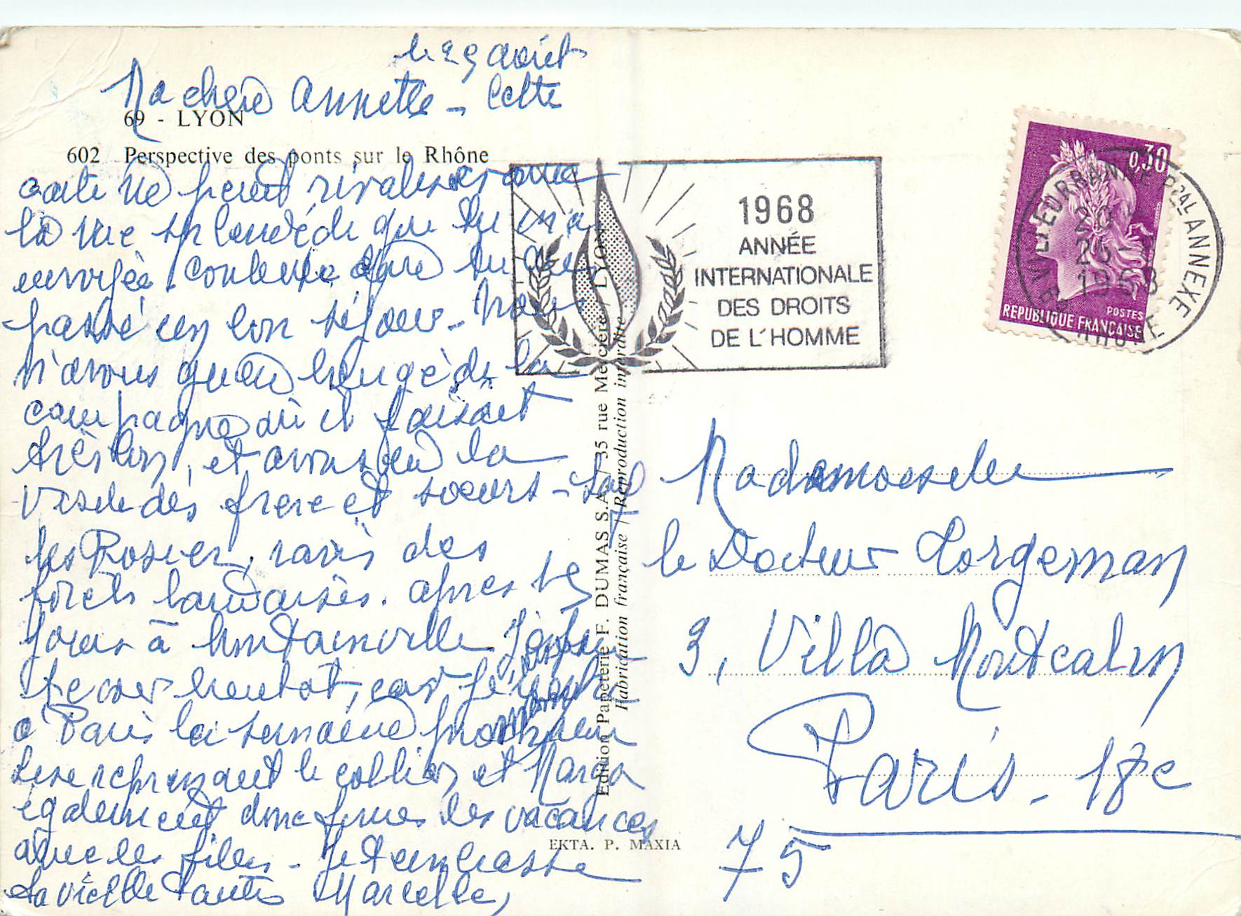 Vue aérienne des ponts sur le Rhône — Lyon — Édition Pariente F. Dumas S.A. — Verso