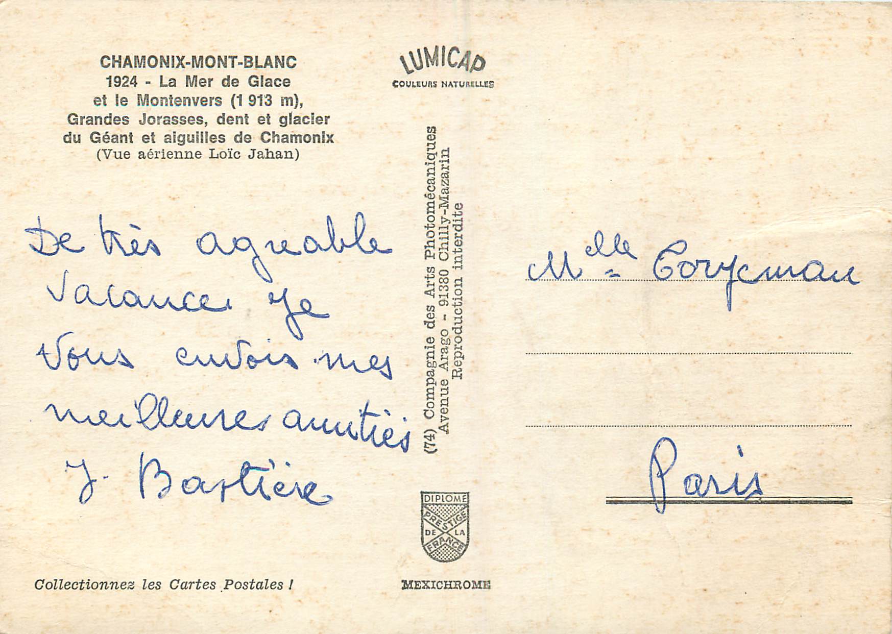 CPM Chamonix Mont Blanc 1924 La Mer de Glace et le Montenvers (1913 m) — Reverso