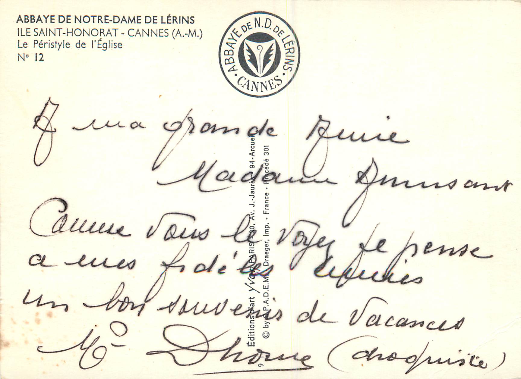CPM Cannes (A M) Abbaye de Notre Dame de Lerins Ile Saint Honorat  Le Peristyle de l'Eglise — Verso