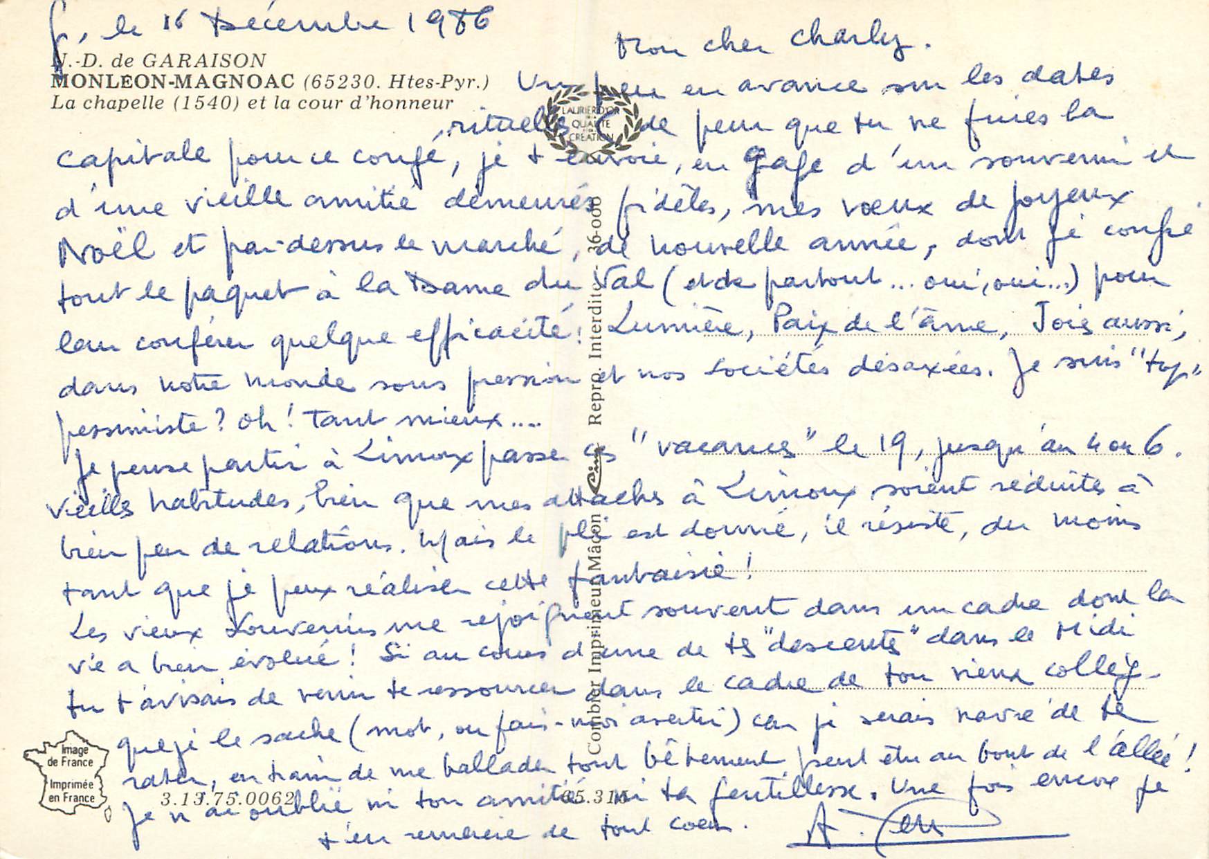 CPM N D de Garaison Monleon Magnoac (Htes Pyr) La Chapelle (1540) et la Cour d'Honneur — Rückseite