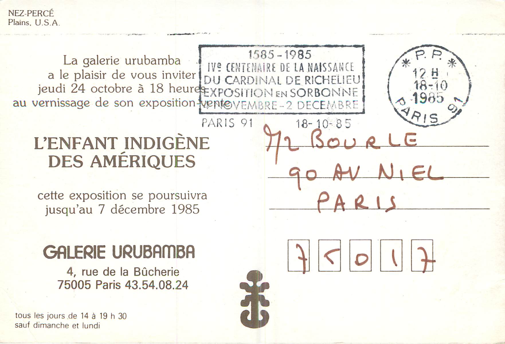 Eingeborenes Kind der Amerikas — Ausstellung Galerie Urubamba, Paris 1985 — Verlag nicht sichtbar — Rückseite