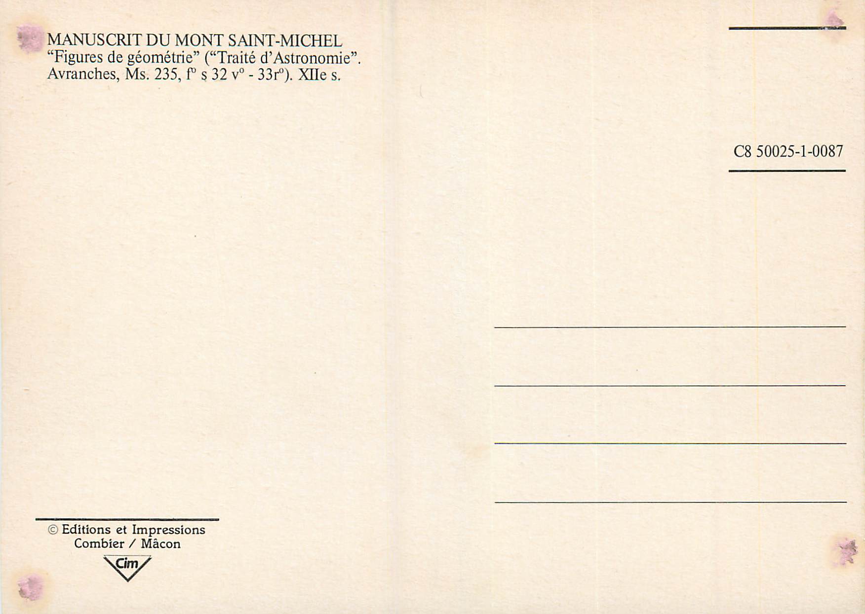 CPM Manuscrit du Mont Saint Michel Figures de Geometrie (Traite d'Astronomie) — Rückseite