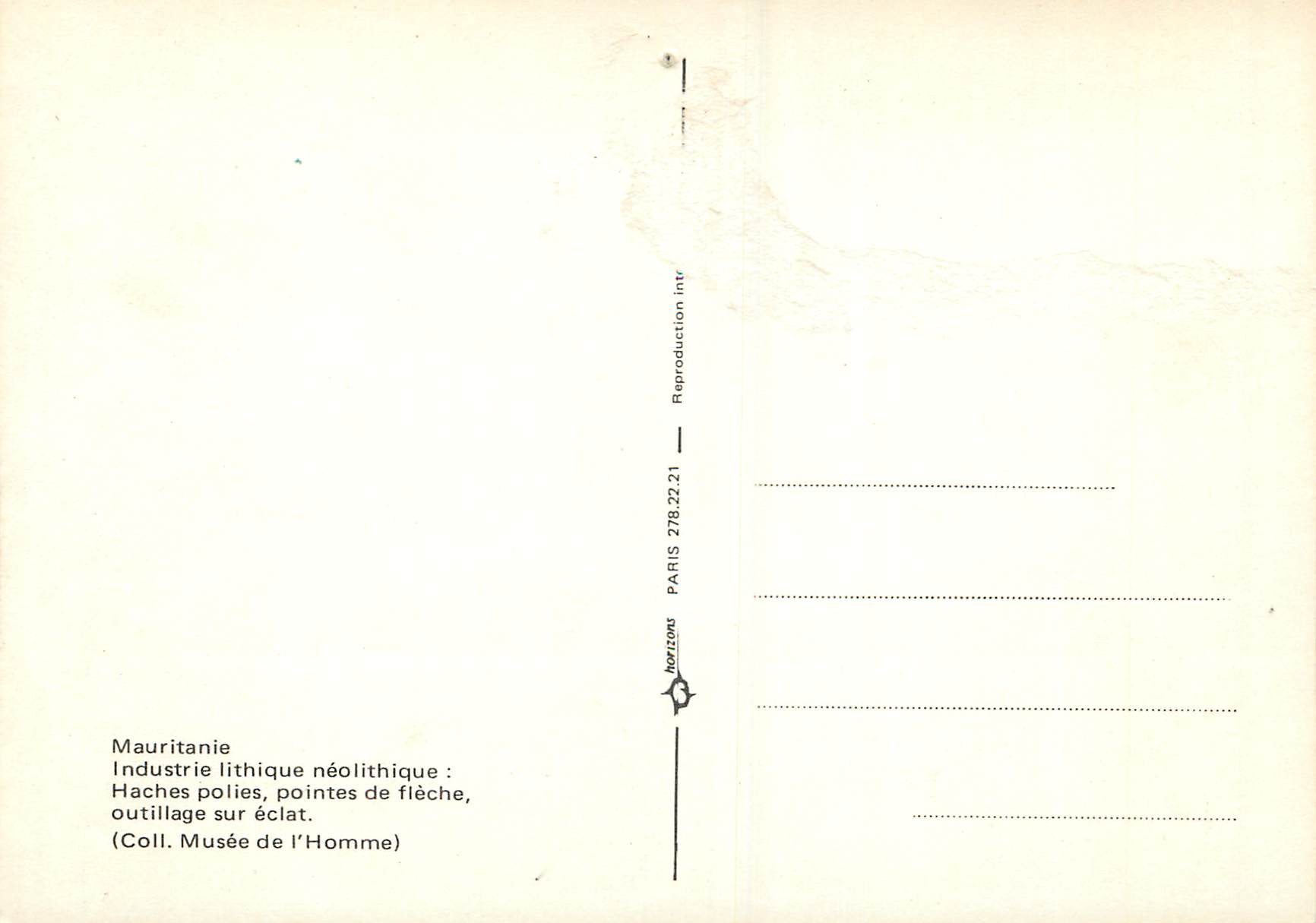 CPM Mauritanie Industrie Lithique Neolithique (Coll Musee de l'Homme) — Rückseite