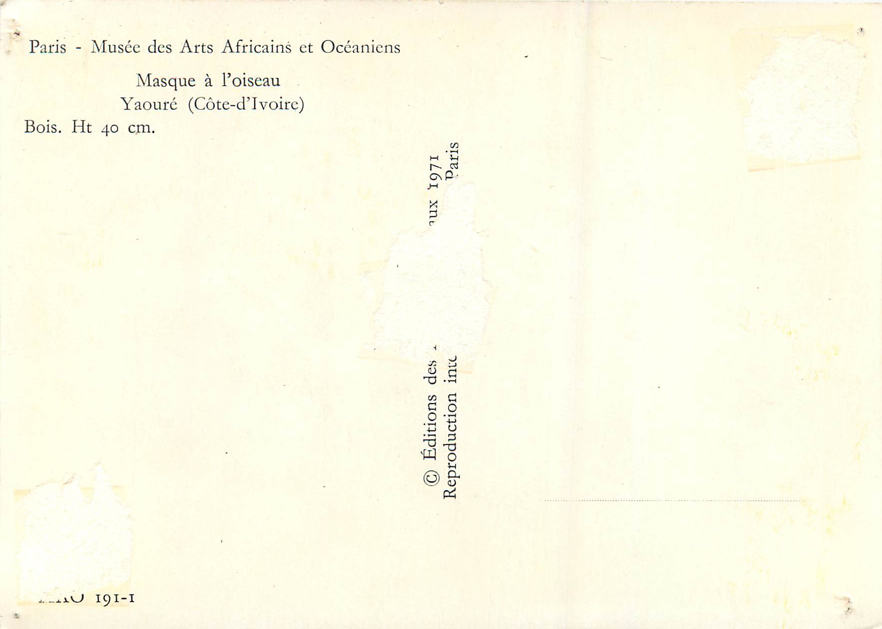 Masque à oiseau — Yaouré (Côte-d'Ivoire) — Éditions des Arts Africains et Océaniens, Paris 1971 — Rückseite