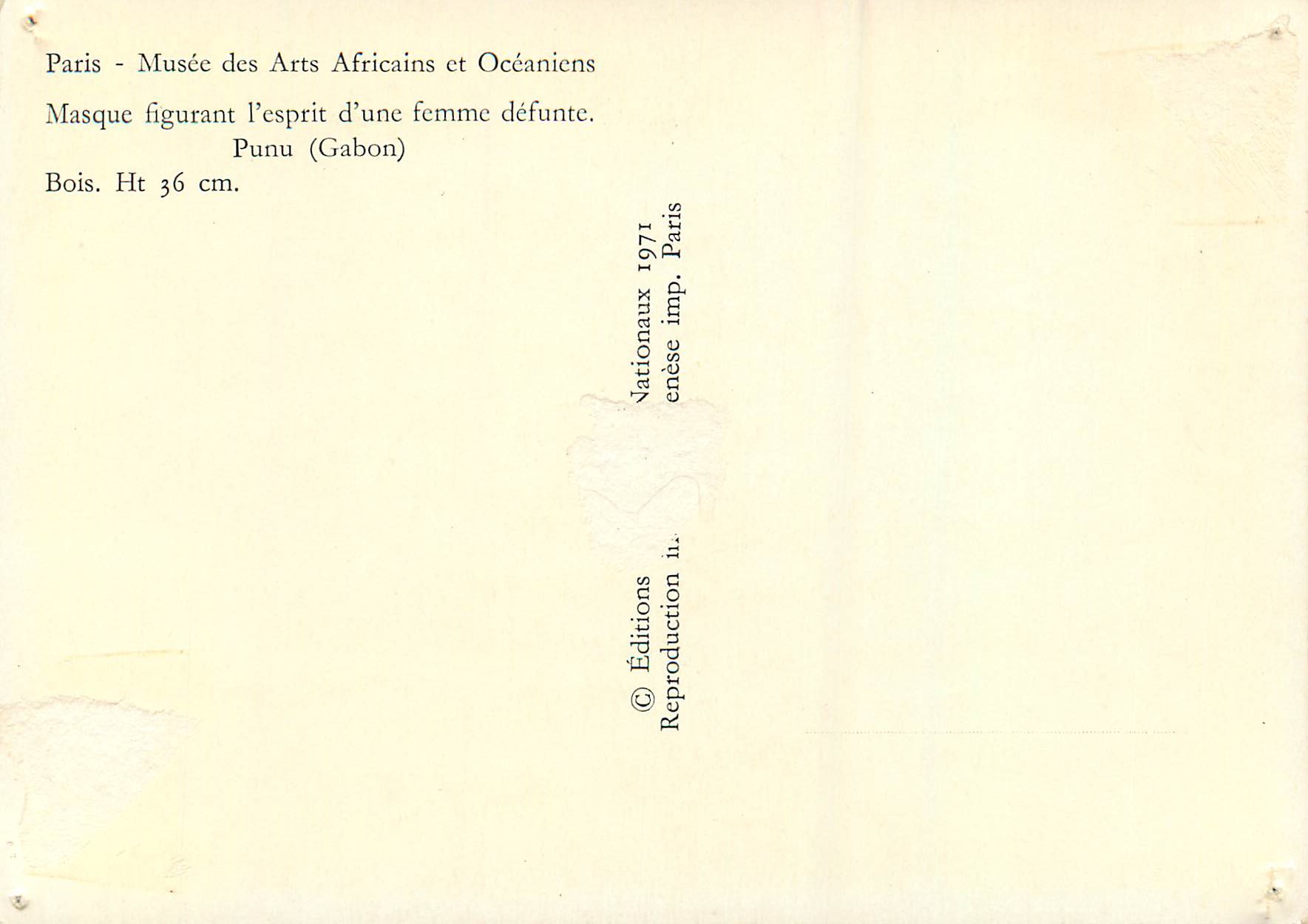 Masque d'esprit d'une femme défunte — Punu (Gabon) — Éditions NATIONAUX 1971 — Rückseite