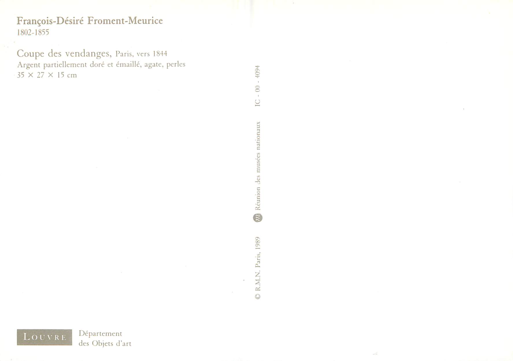 CPM Paris Coupe des Vendanges  vers 1844 Francois Desire Froment Meurice 1802 1855  — Rückseite