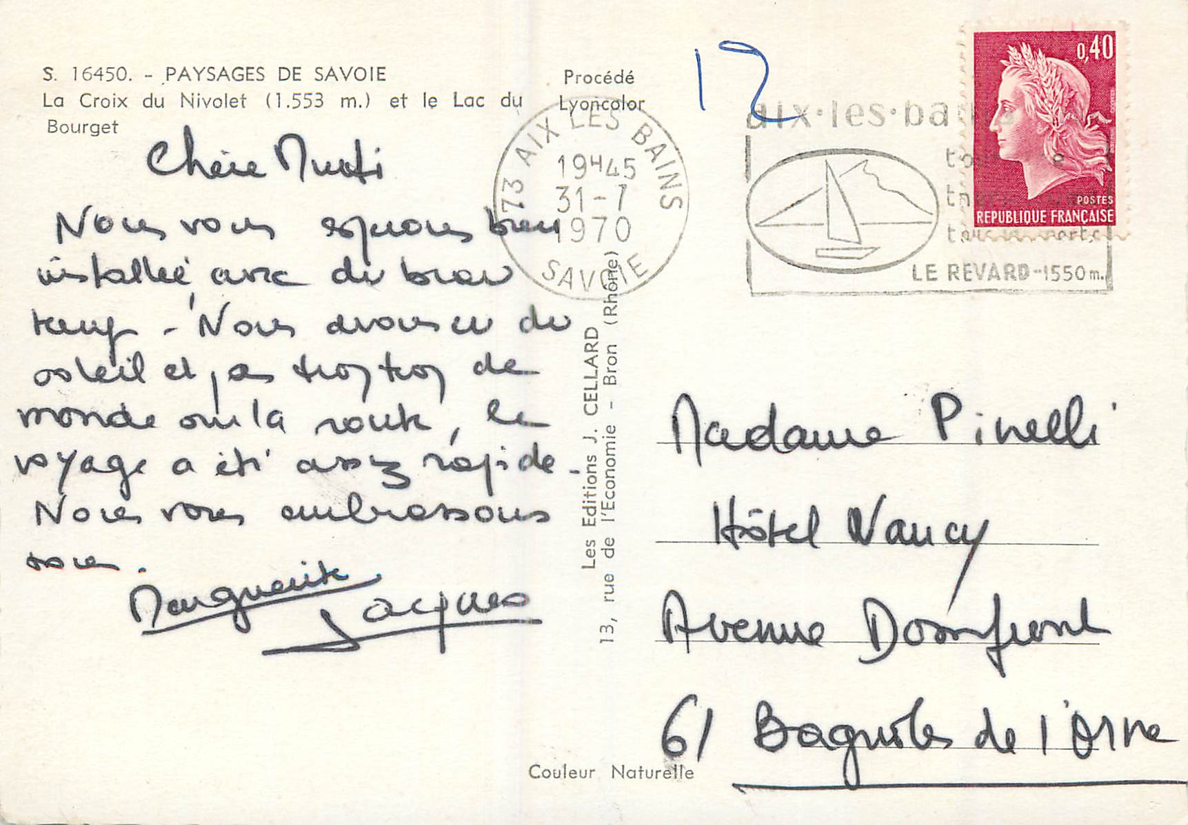 CPM Paysages de Savoie La Croix du Nivolet (1553 m) et le Lac du Bourget — Rückseite