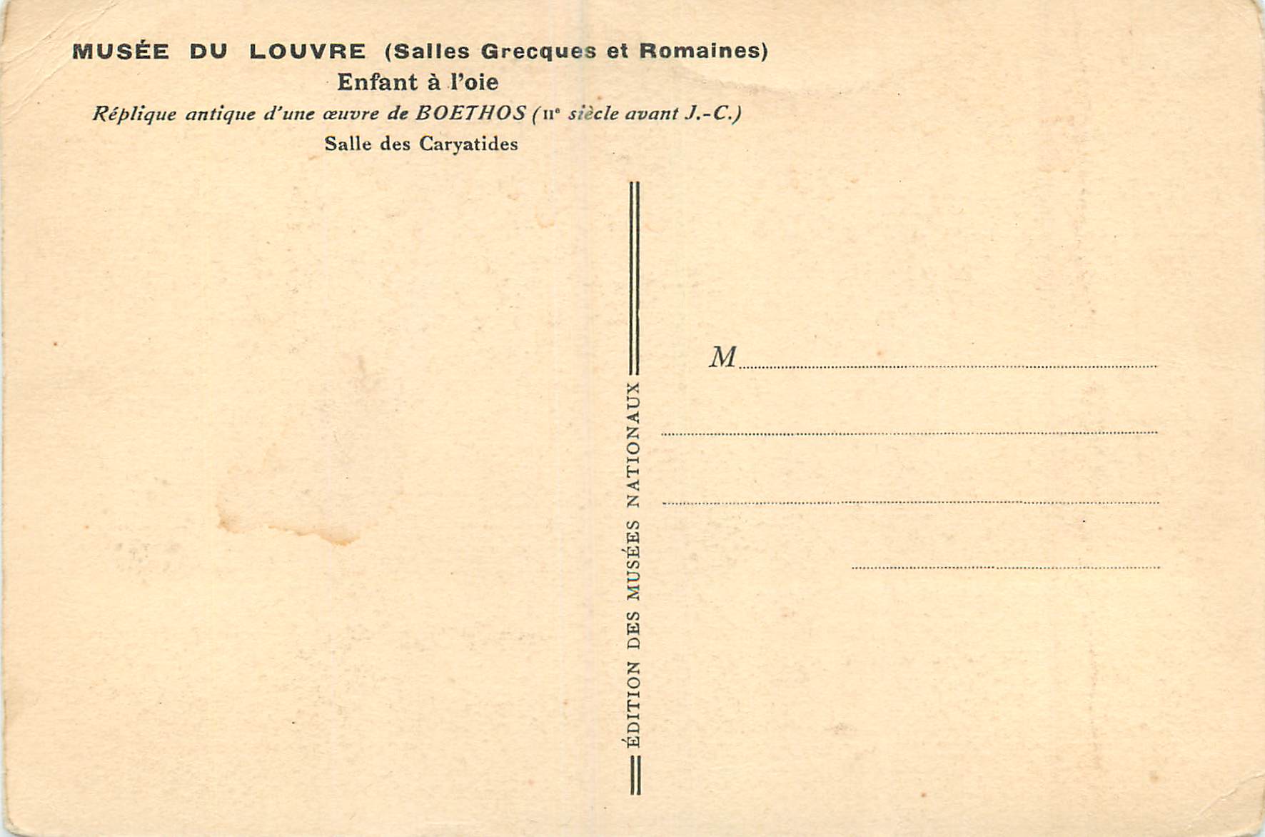 Enfant à l'oiseau — Réplique du musée du Louvre — Édition des Musées Nationaux — Verso
