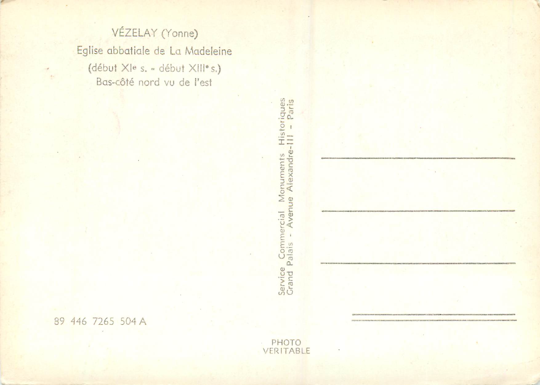 CPM Vezelay (Yonne) Eglise Abbatiale de la Madeleine (Debut XIe s Debut XIIIe s) — Rückseite