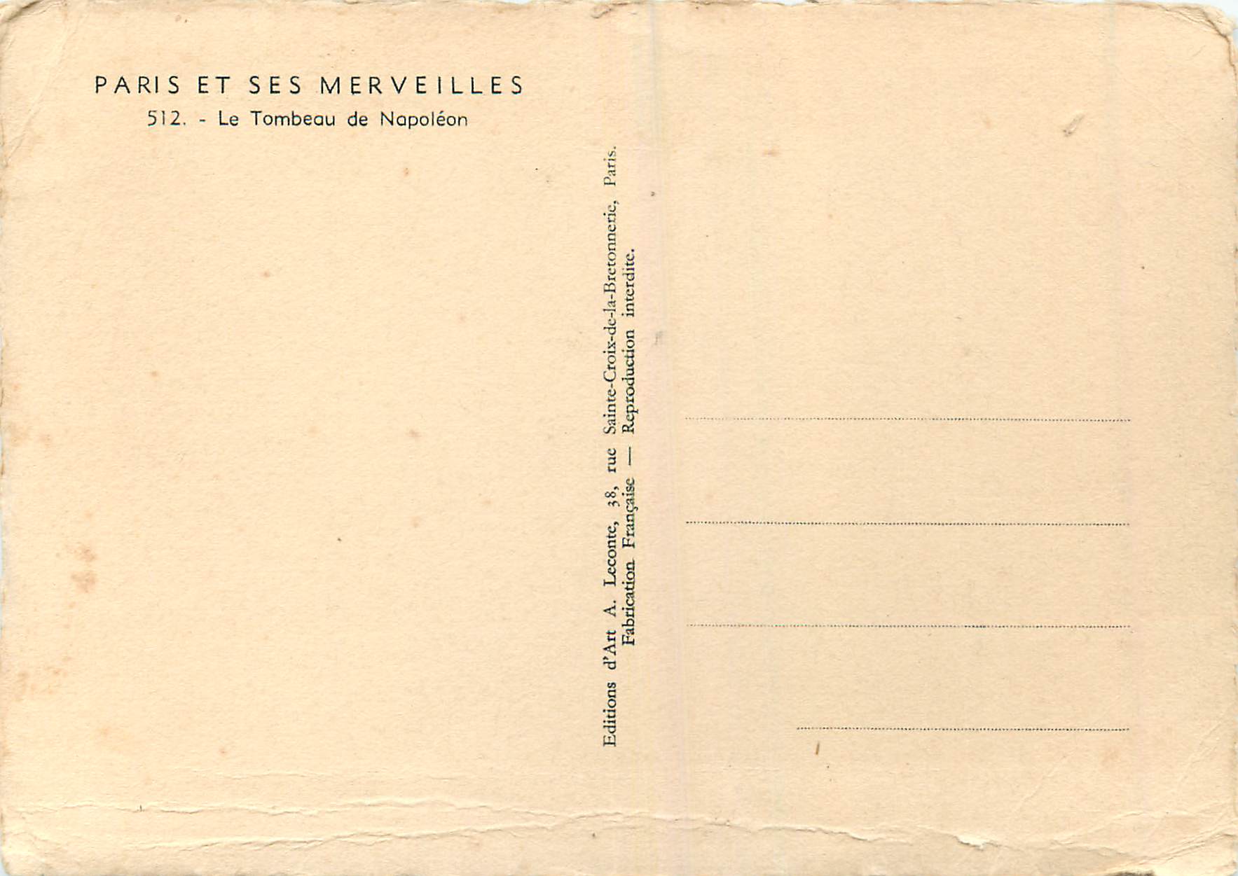 CPM Paris et Ses Merveilles Le Tombeau de Napoleon — Verso