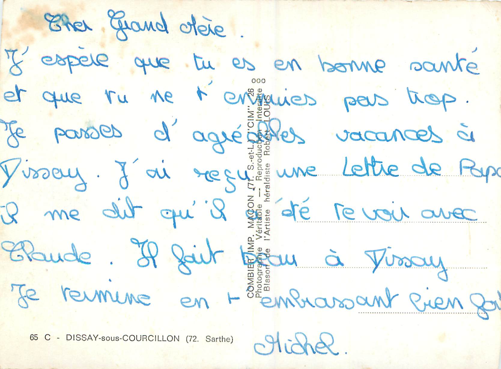CPM Dissay sous Courcillon (Sarthe) Environs de Château du Loir Carrefour de la mairie Entree de Caye Château de la Joli — Verso