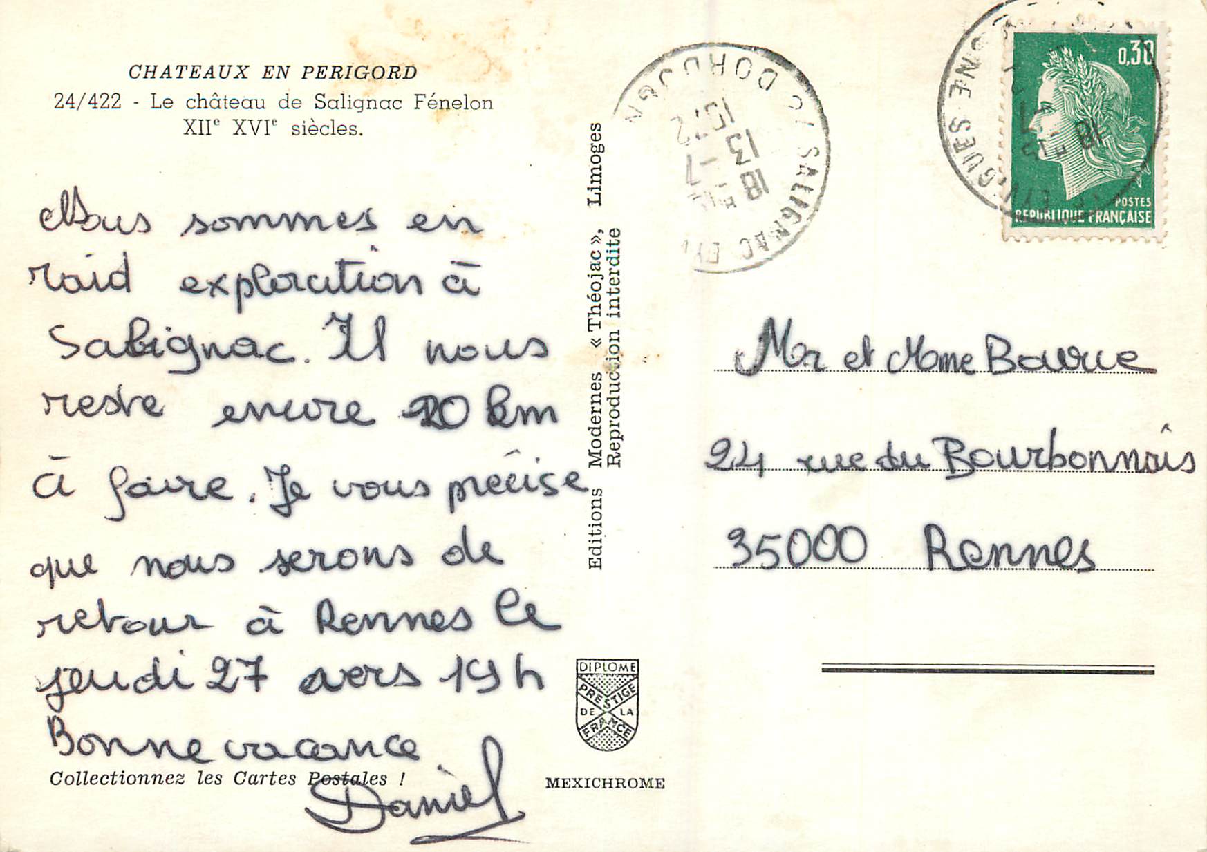 Château de Salignac-Fénelon — XIIe-XVIe siècles — Éditions Modernes « Théojac » — Verso