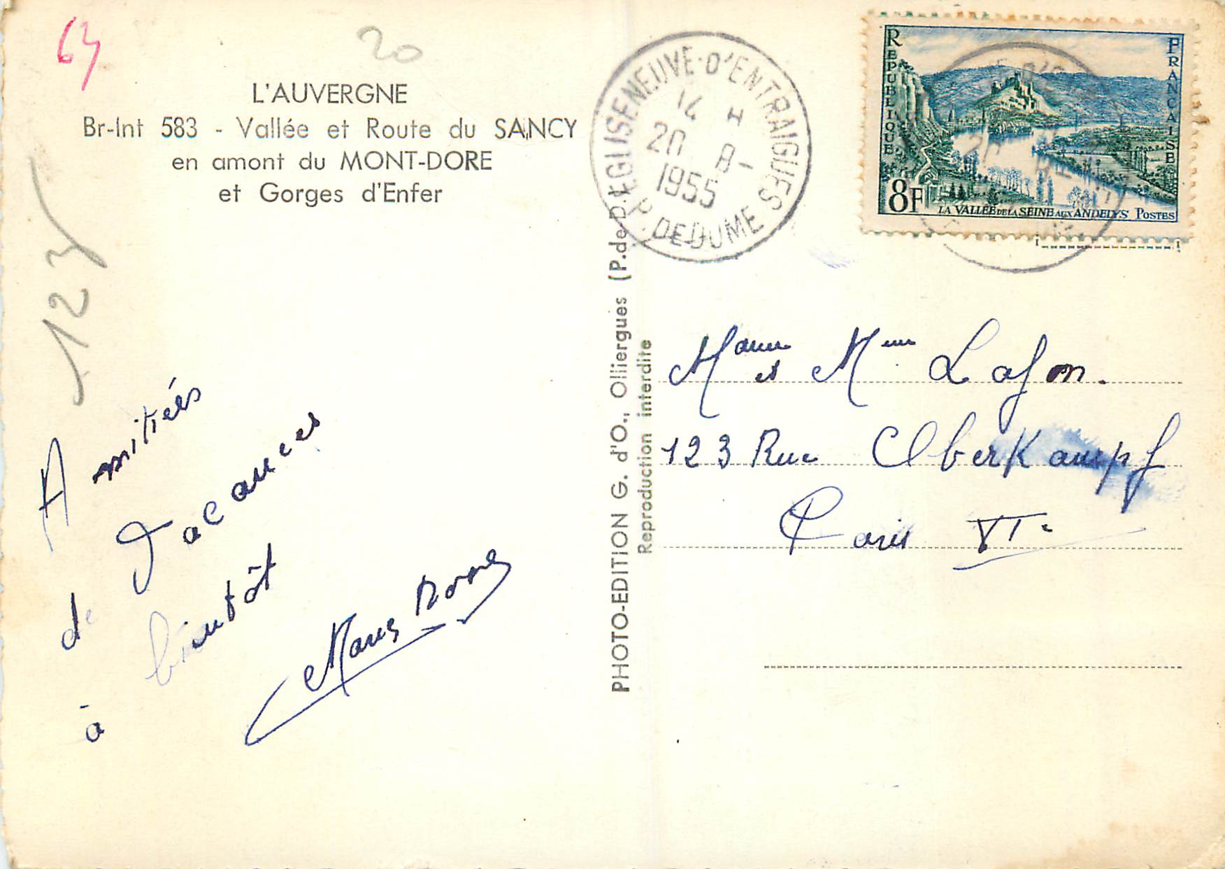 CPM L'Auvergne Vallee et Route du sancy en Amont du Mont Dore et Gorges d'Enfer — Verso