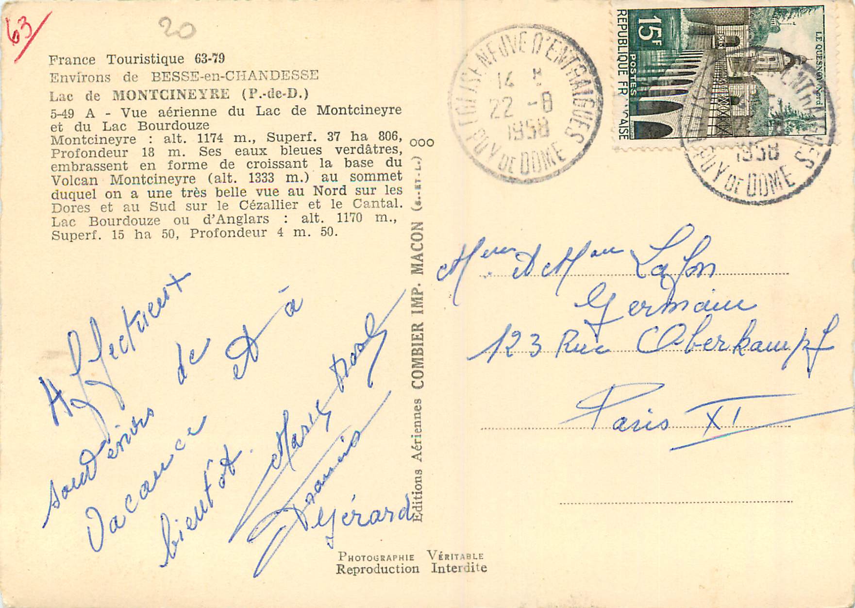 Lac Montcinayre — vue aérienne — Éditions Aériennes Combier — Verso