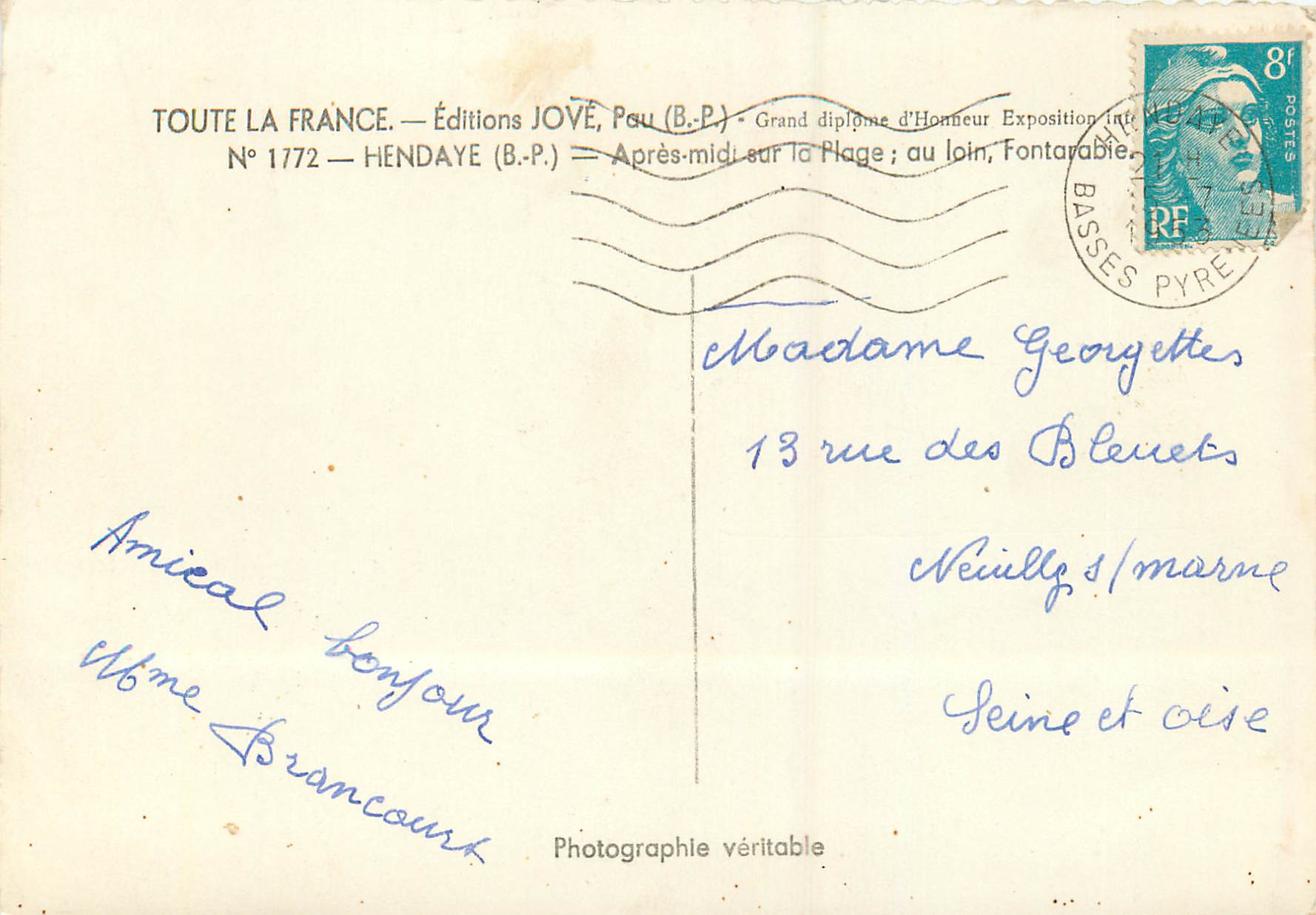 Après-midi sur la plage ; au loin, Fontarable — Éditions JOVÉ, Pau (B.P.) — N° 1772 — Back