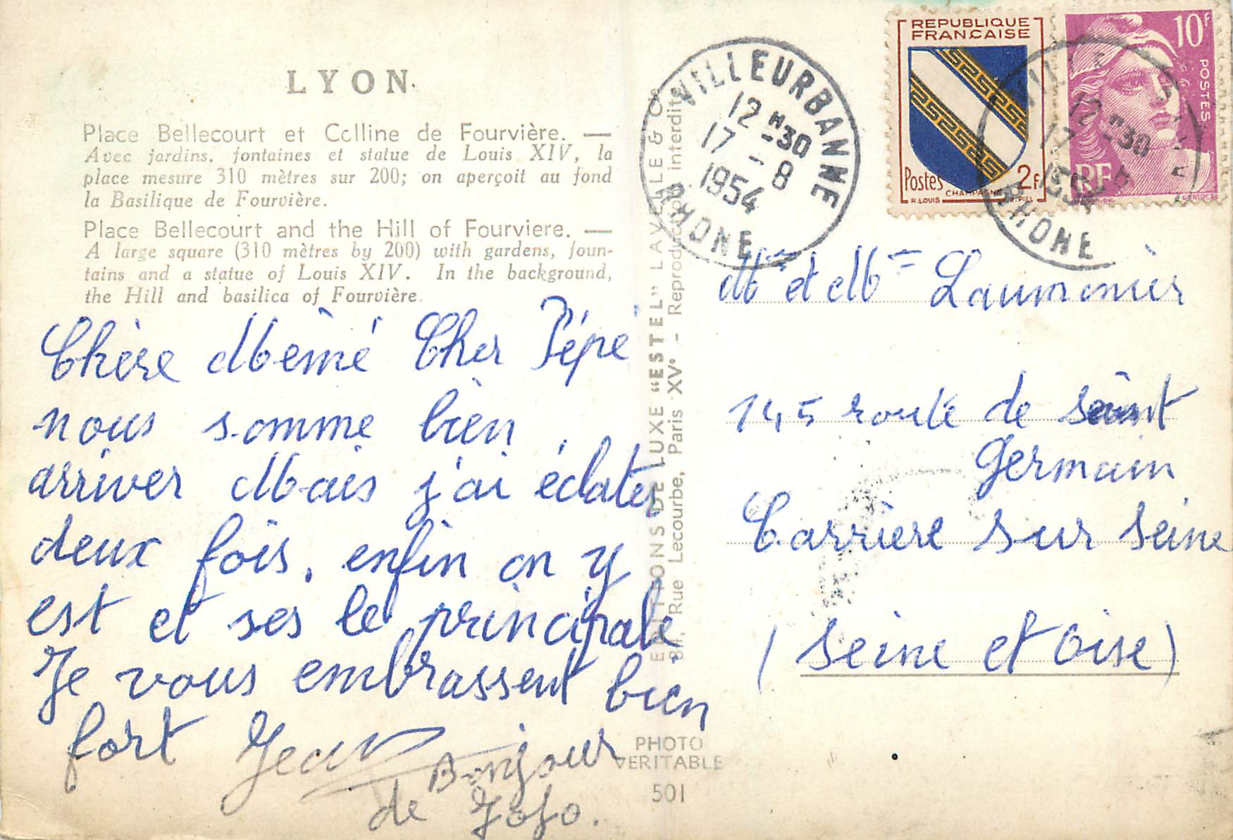 CPM Lyon Place Bellecourt et Celline de Fourviere — Rückseite