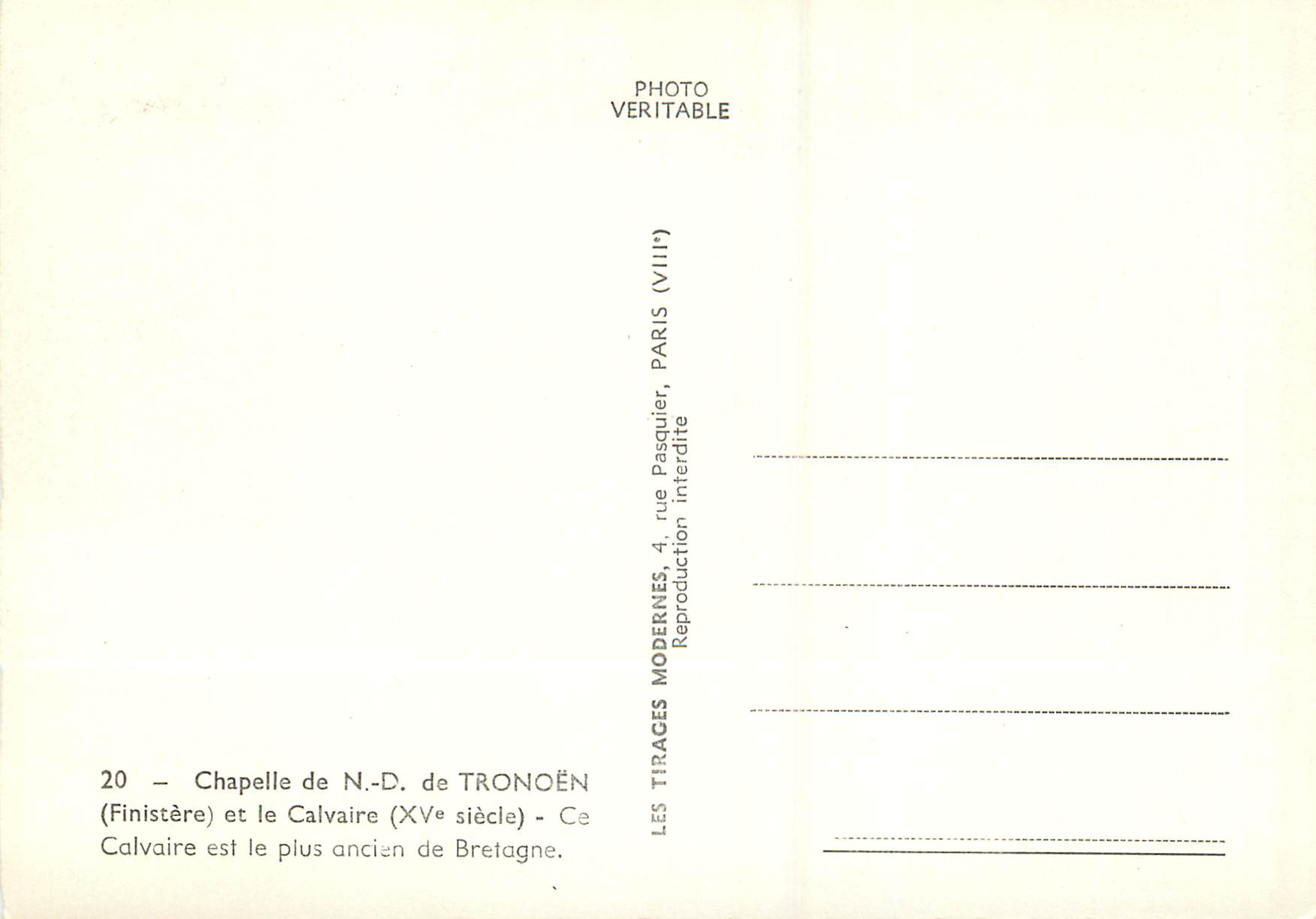 CPM Chapelle de N D de Tronoen (Finistere) et le Calvaire (XVe Siecle) Le Calvaire le Plus ancien de Bretagne — Rückseite