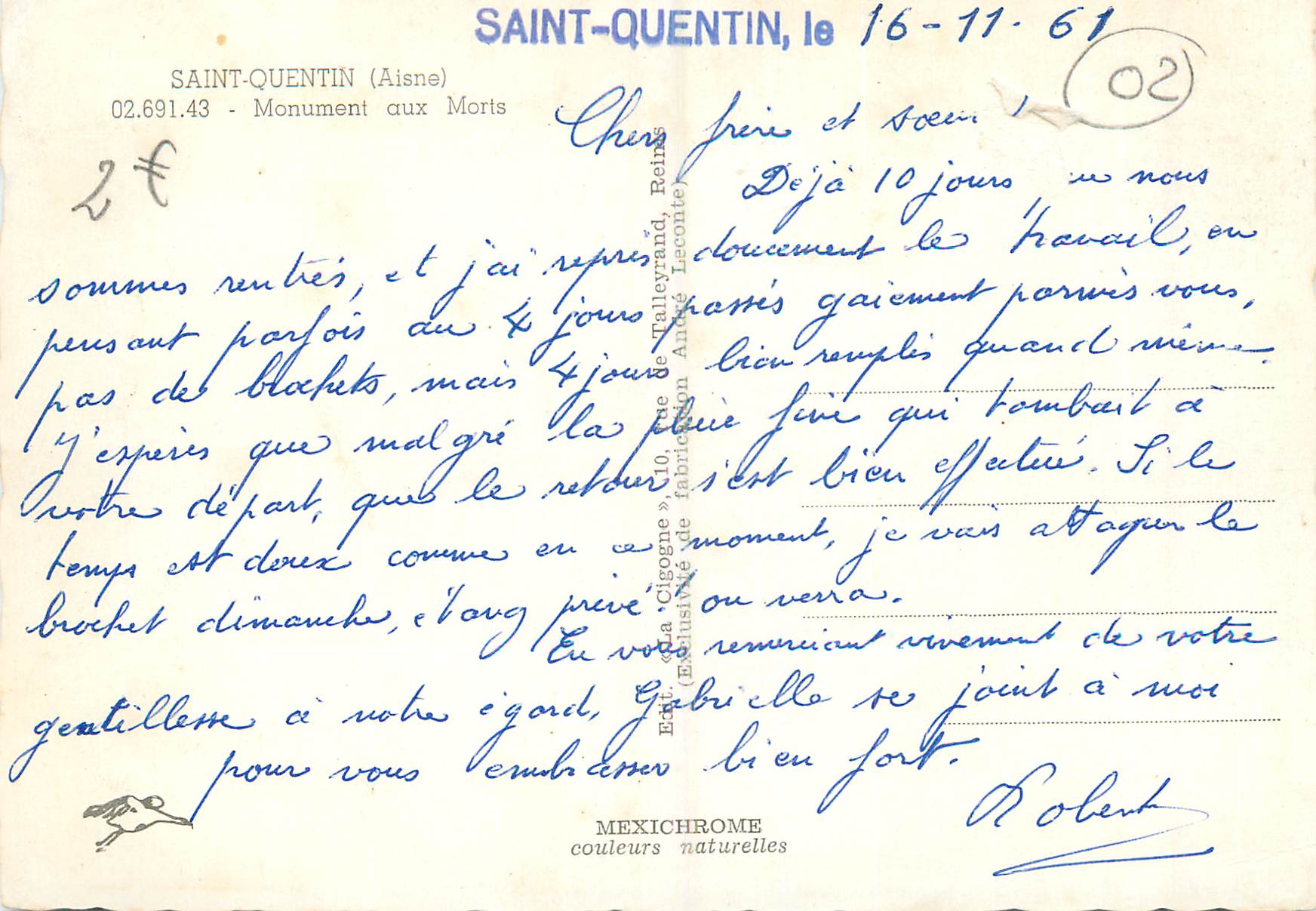 CPM Saint Quentin (Aisne) Monument aux Morts — Rückseite