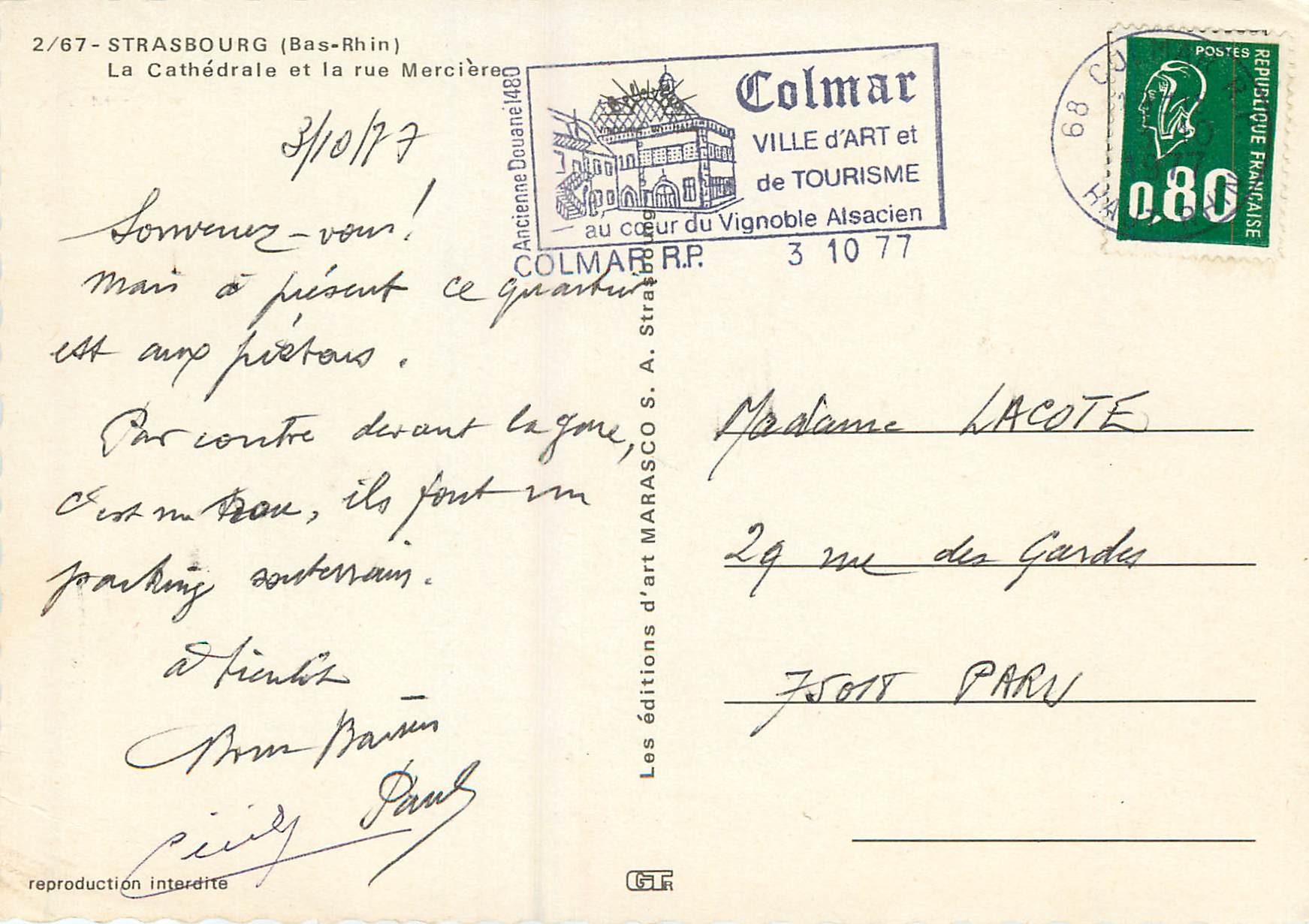 Strasbourg — Cathédrale et rue Mercière — Les éditions d'art MARASCO S.A. Strasbourg — Rückseite