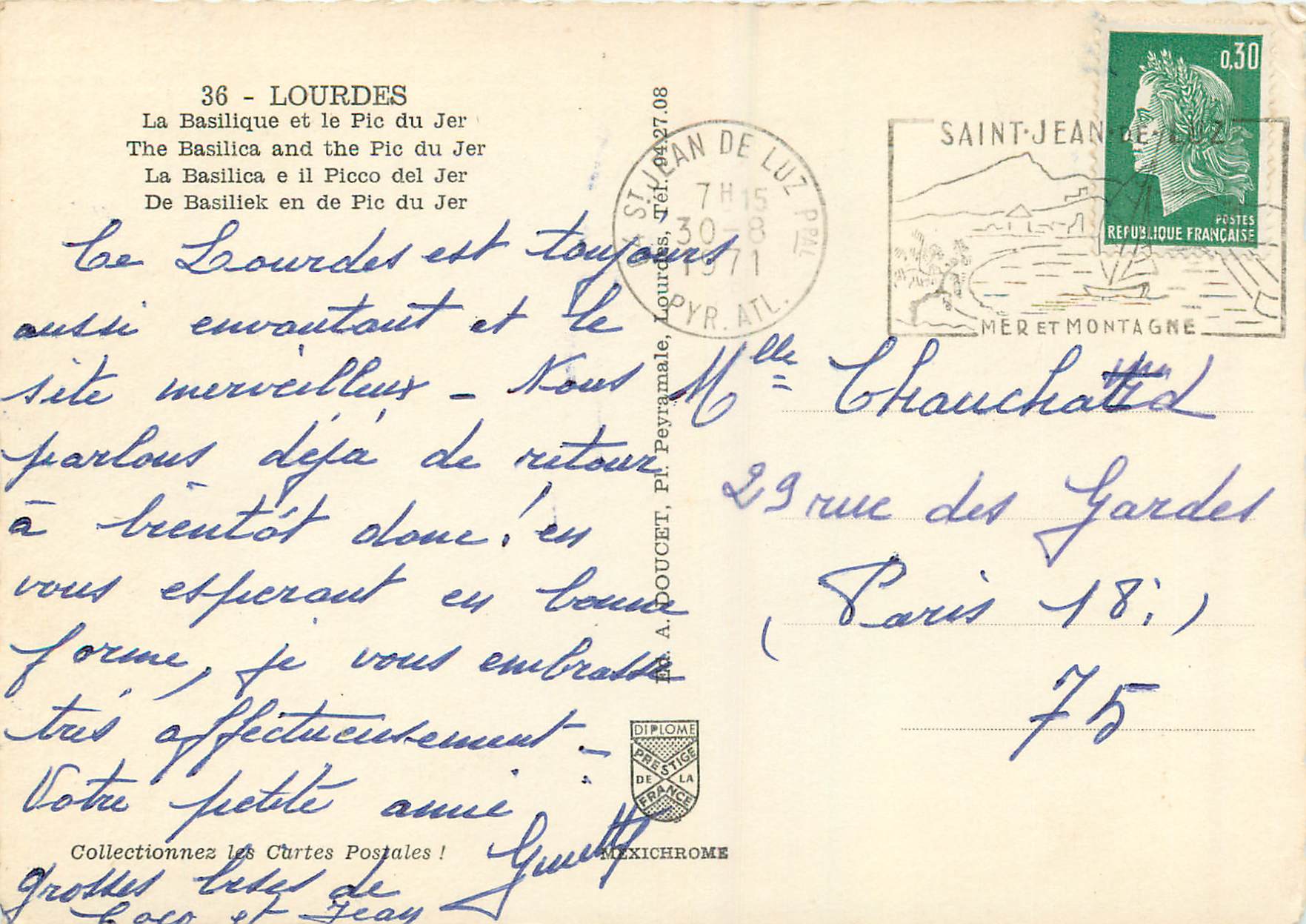 CPM Lourdes La Basilique et le Pic du Jer — Verso