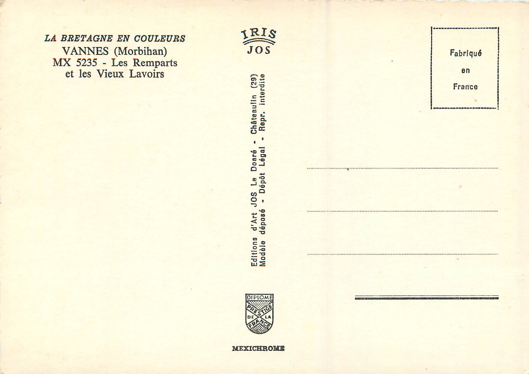 Vannes (Morbihan) — Les Remparts et les Vieux Lavoirs — Editions d'Art JOS — Rückseite