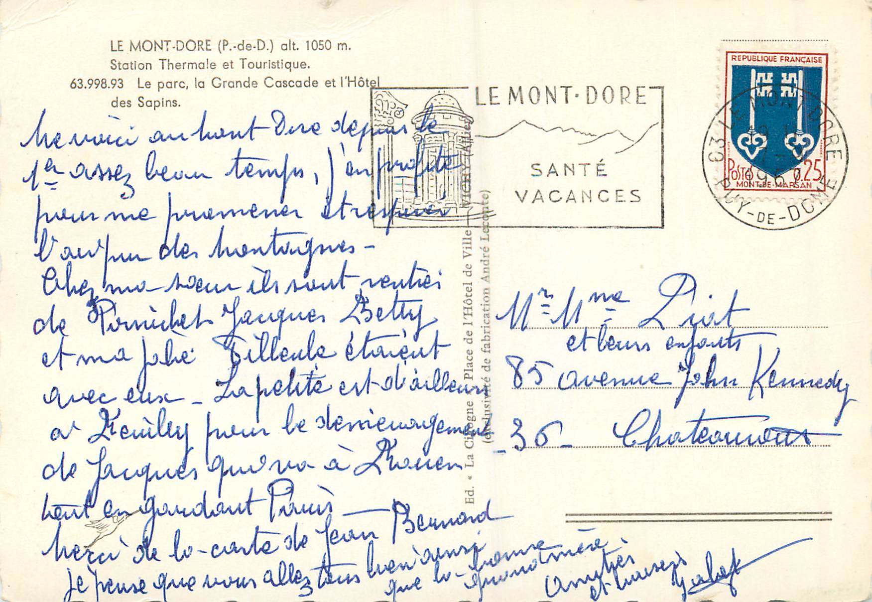 CPM Le Mont Dore (P de D) alt 1050 m Station Thermale et Touristique — Verso