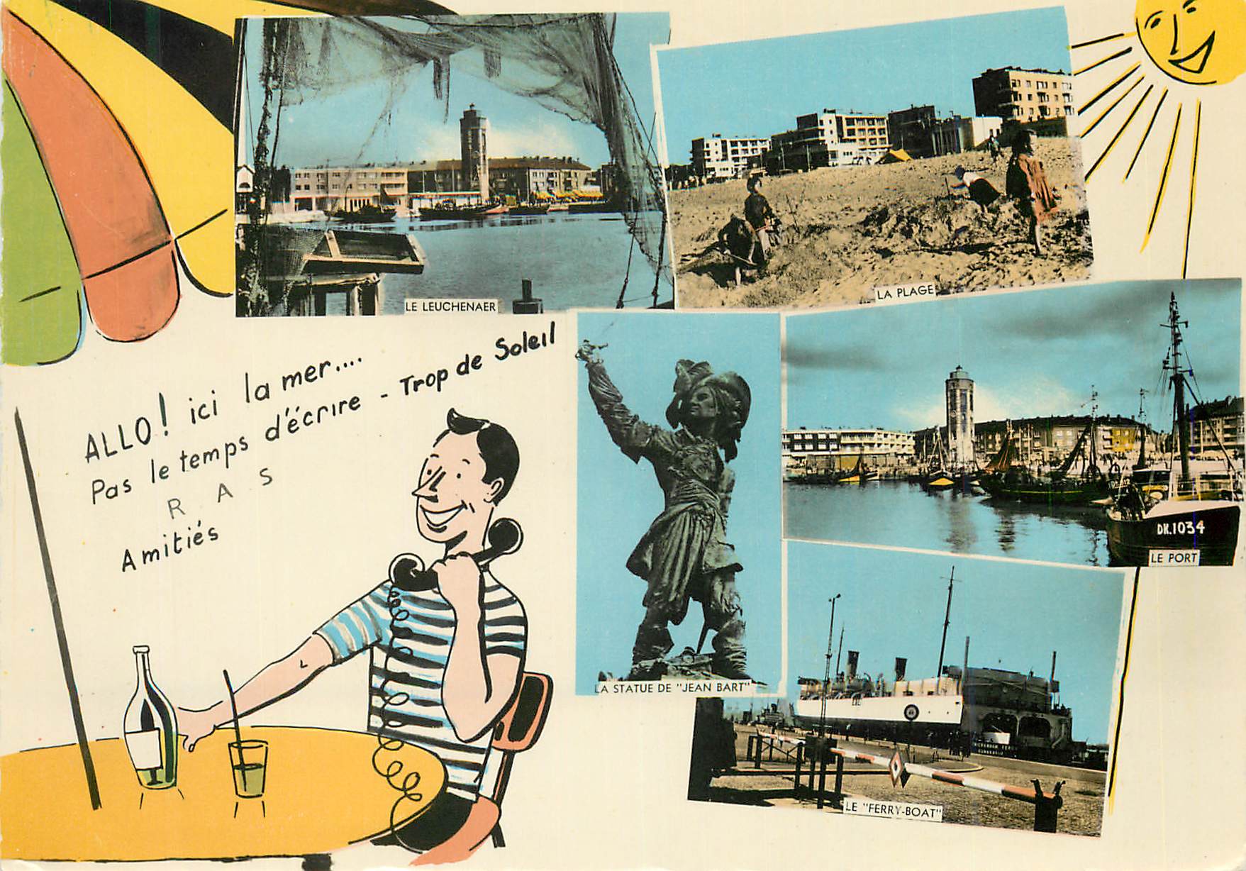 CPM Dunkerque (Nord) Le Leuchenaer La plage Le port La statue de Jean Bart Le Ferry Boat