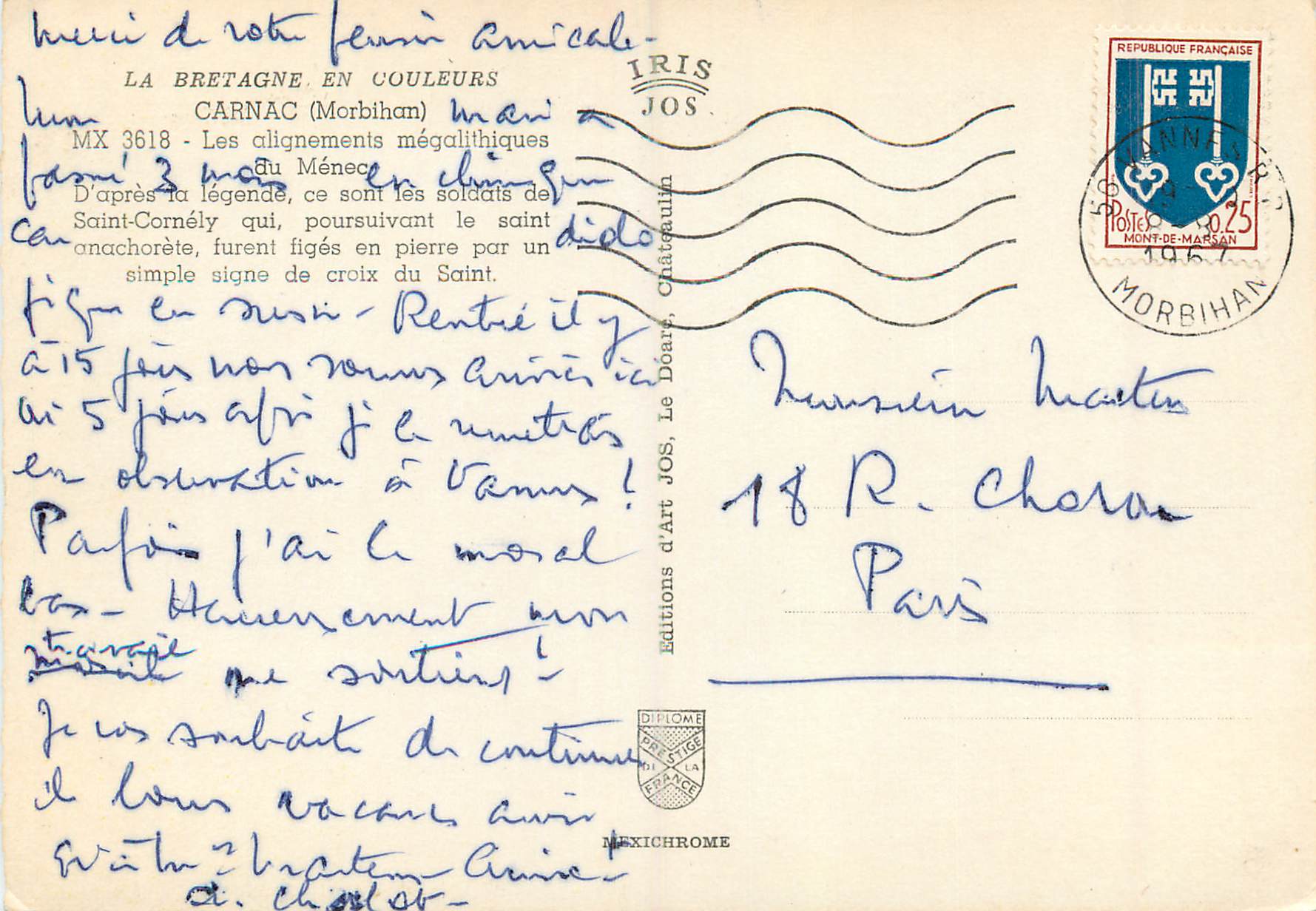 CPM Carnac (Morbihan) La Bretagne en Couleurs Les Alignements Megalitiques — Rückseite
