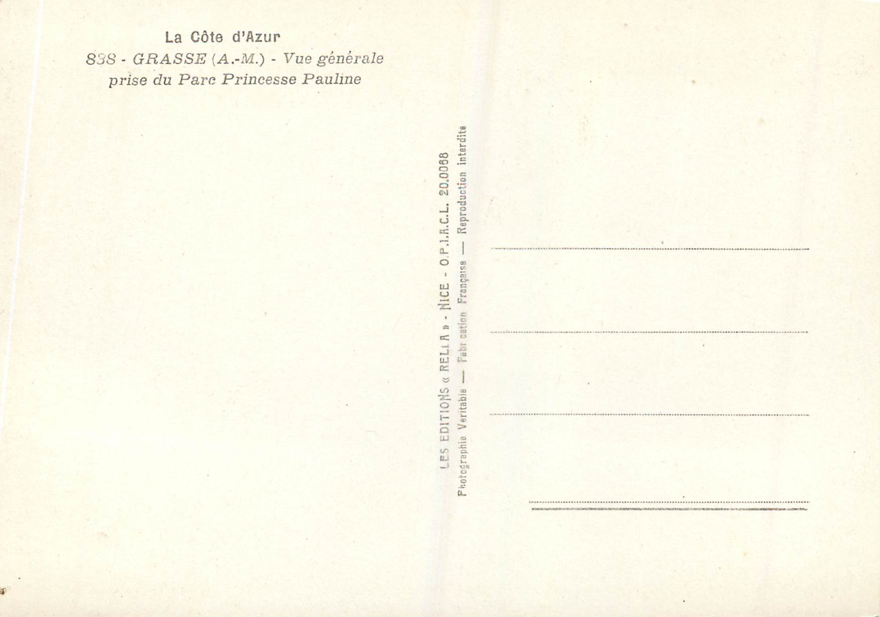 CPM Grasse (A M) La Cote d'Azur Vue Generale prise du Parc Princesse Pauline — Rückseite