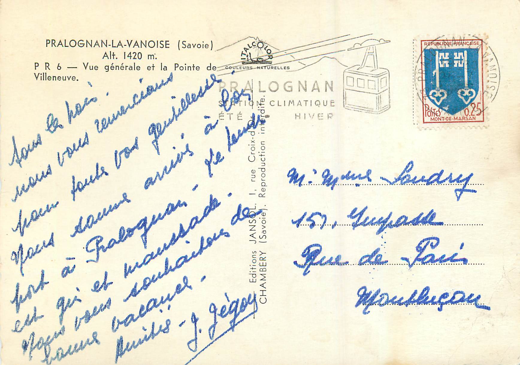 Pralognan-la-Vanoise — Vue générale et la Pointe de Villeneuve — Éditions Jansol, Chambéry — Verso