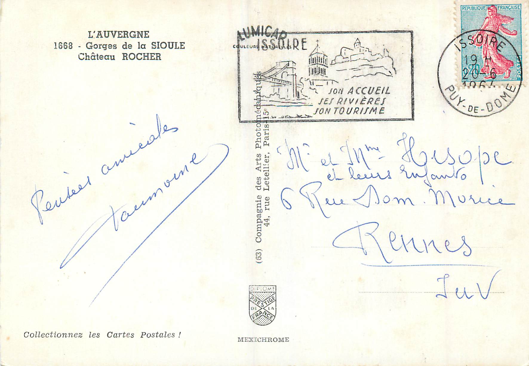 CPM L'Auvergne Gorges de la Sioule Chateau Rocher — Rückseite