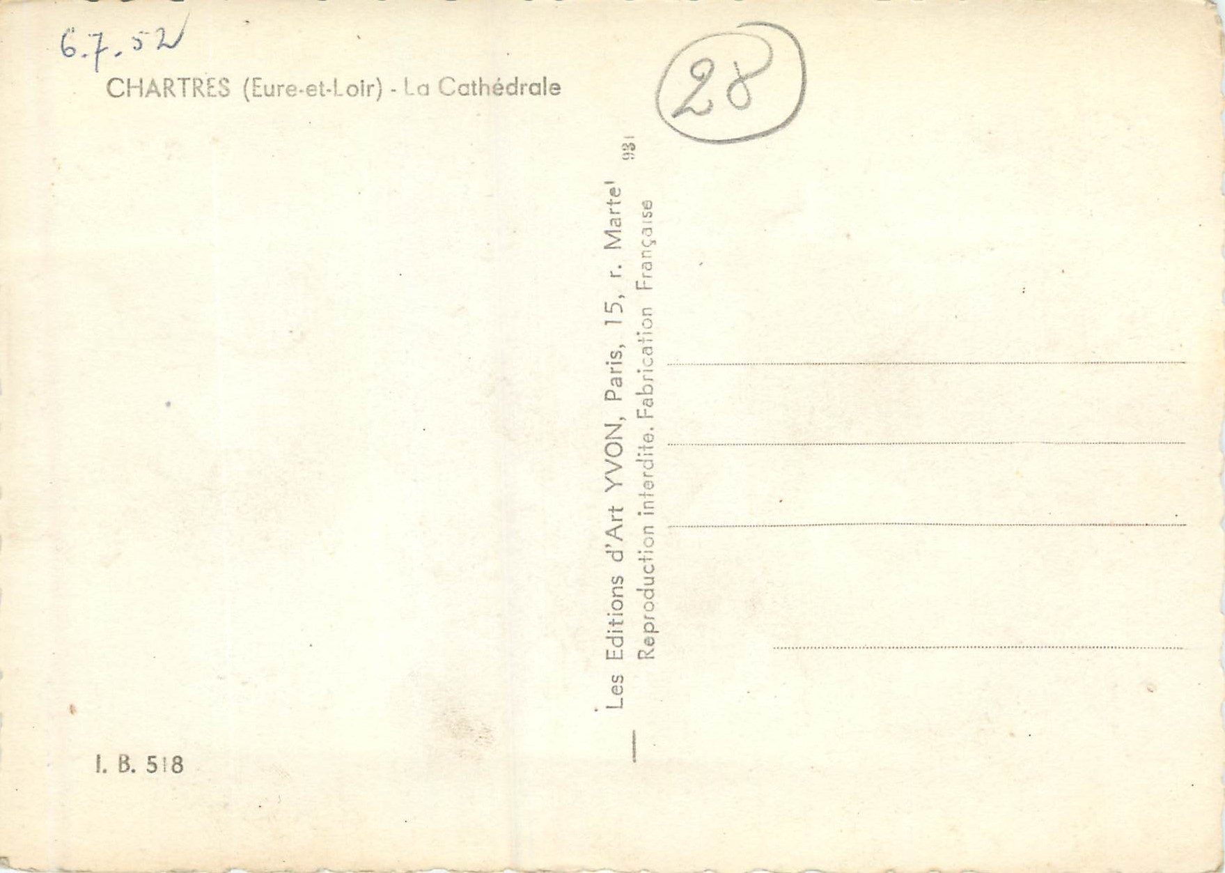 Chartres (Eure-et-Loir) — La Cathédrale — Éditions d'Art Yvon, Paris — Verso