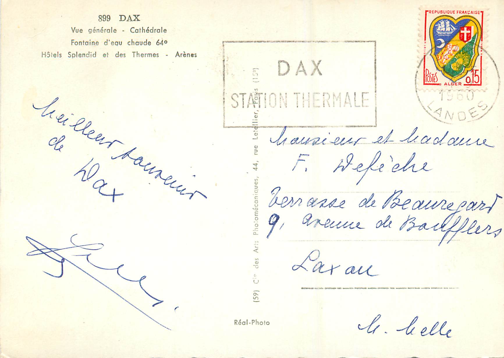 CPM Dax Vue Generale Cathedrale Fontaine d'eau Chaude — Rückseite