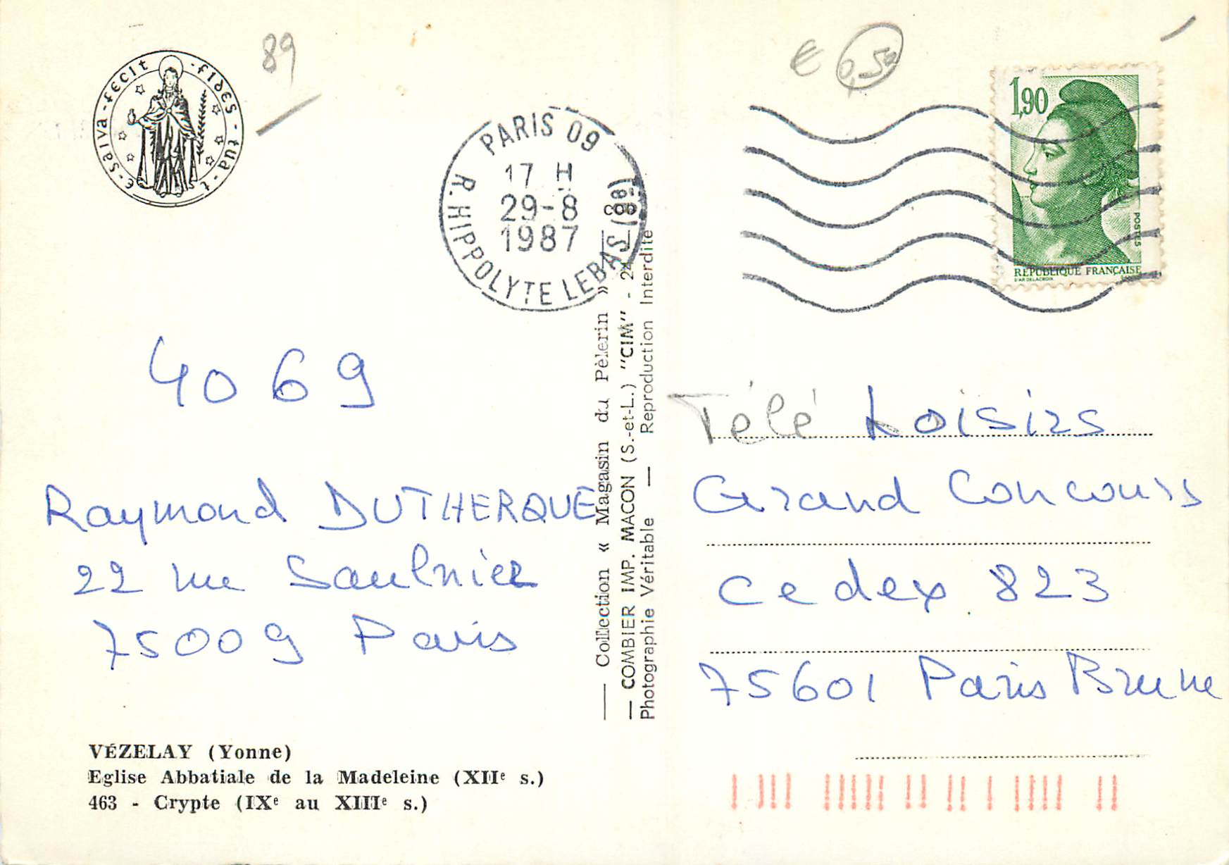 Crypte de l'abbatiale de la Madeleine — Vézelay (Yonne) — Collection « Magnasin du Pèlerin » — Rückseite