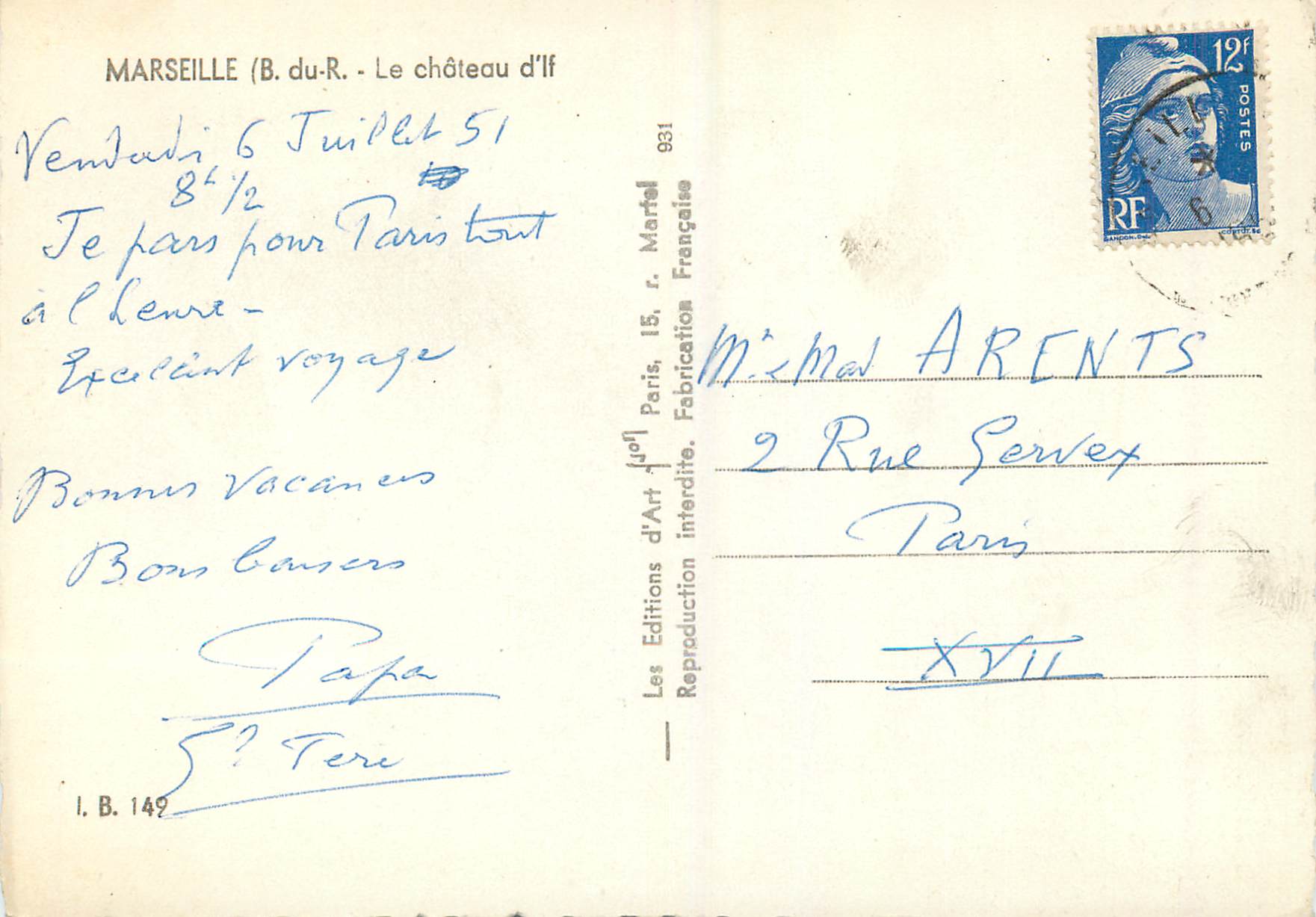 CPM Marseille (B du R) Le Chateau d'If — Rückseite