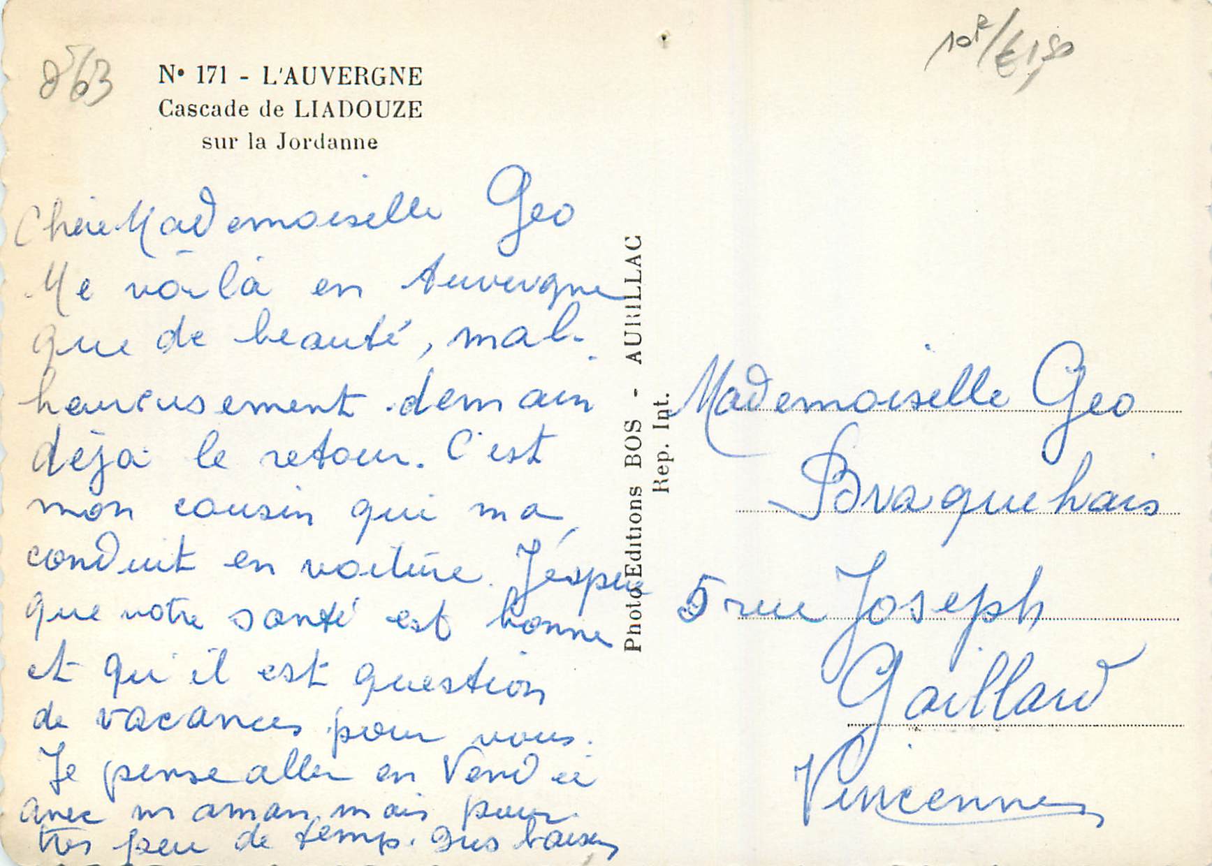 CPM L'Auvergne Cascade de Liodouze sur la Jordanne — Rückseite
