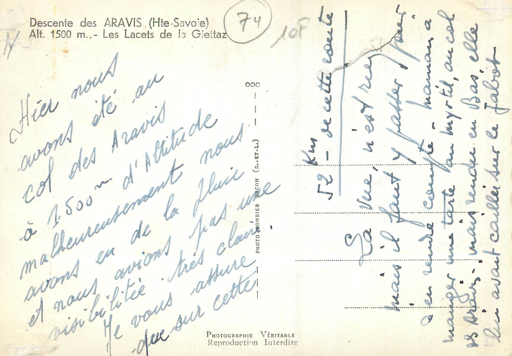 Descente des ARAVIS (Hte-Savoie) — Les Lacets de la Gietaz — éditeur Phot. Gombier — Verso