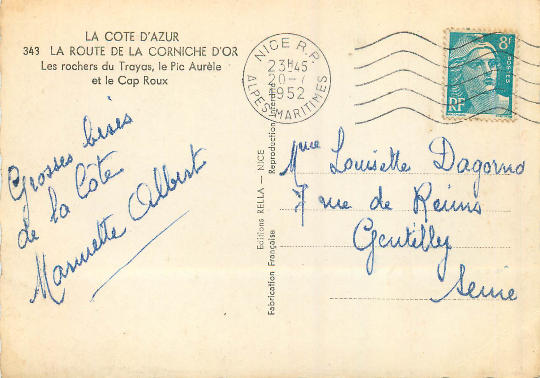 CPM La Route de la Corniche d'Or La Cote d'Azur Les Rochers du Trayas Le Pic Aurele et le Cap Roux — Verso