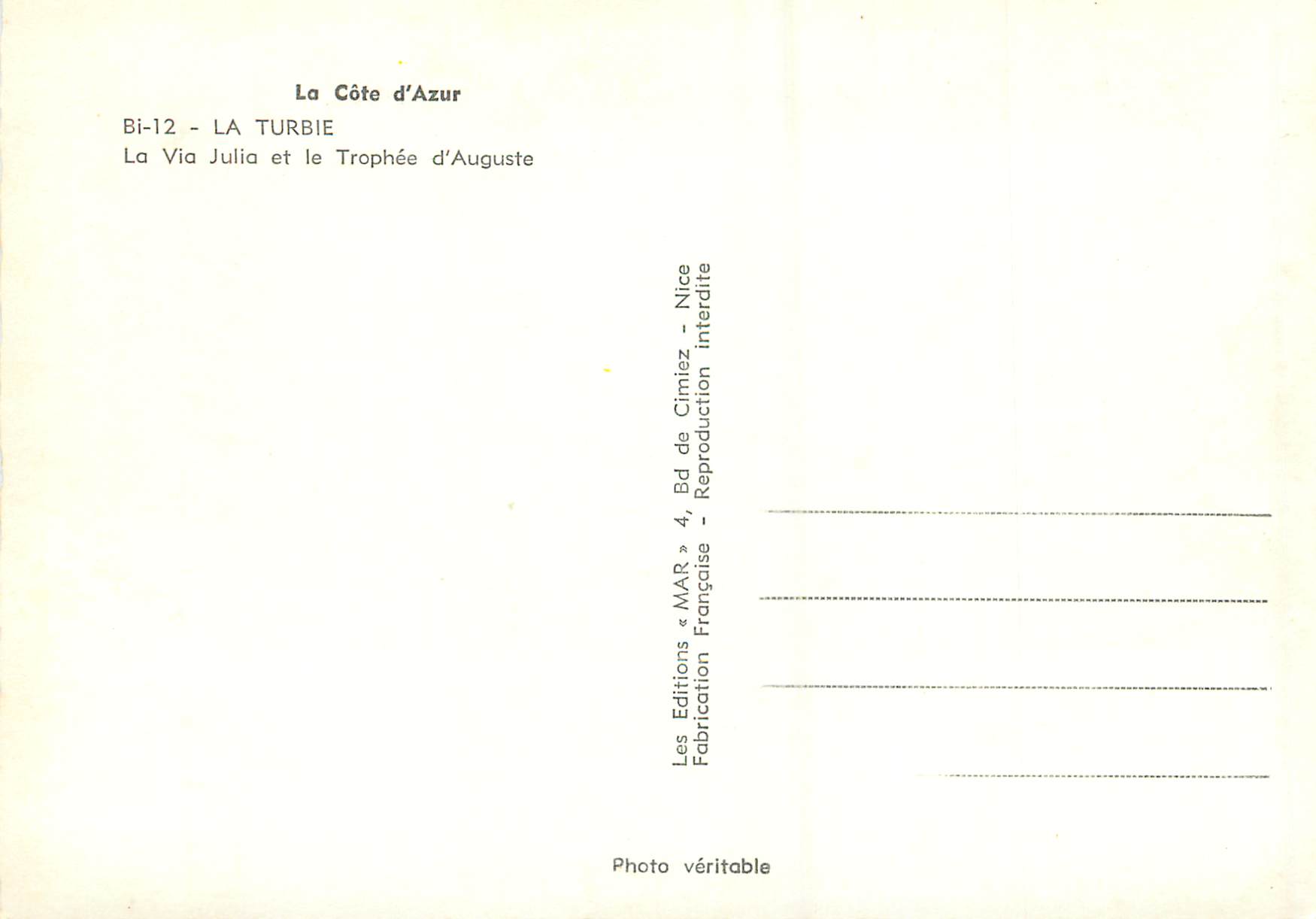CPM La Turbie La Cote d'Azur La Via Julia et le Trophee d'Auguste — Rückseite