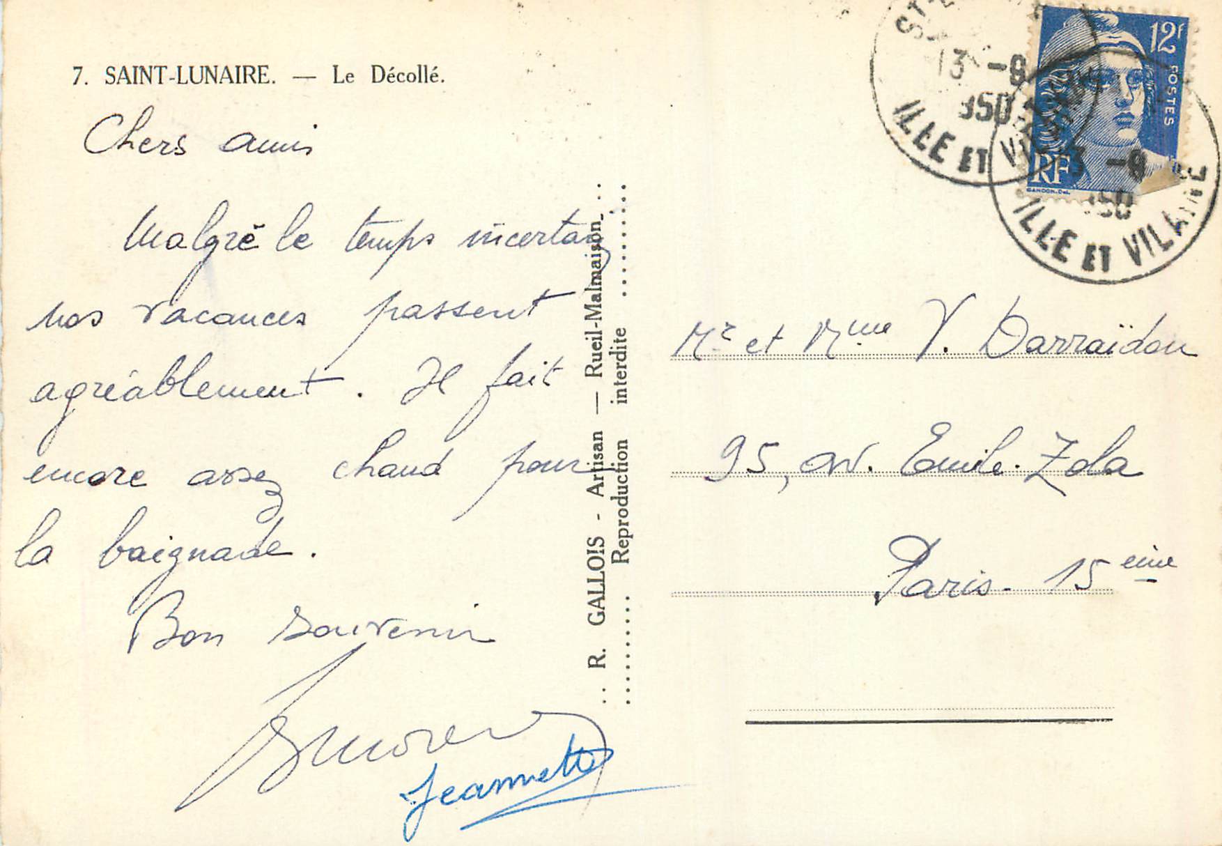 Saint-Lunaire — Le Décollé — R. Gallois — Verso