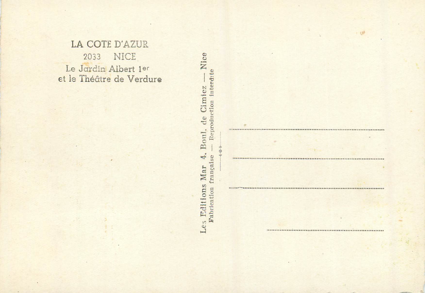 CPM Nice La Cote d'Azur le Jardin Alber Ier et le Theatre de Verdure — Rückseite