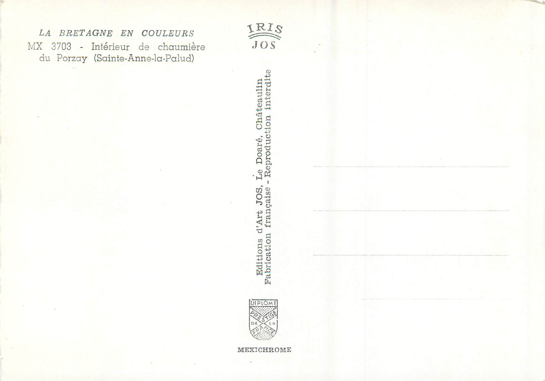 Intérieur de chaumière — Sainte-Anne-la-Palud — Éditions d'Art JOS — Verso