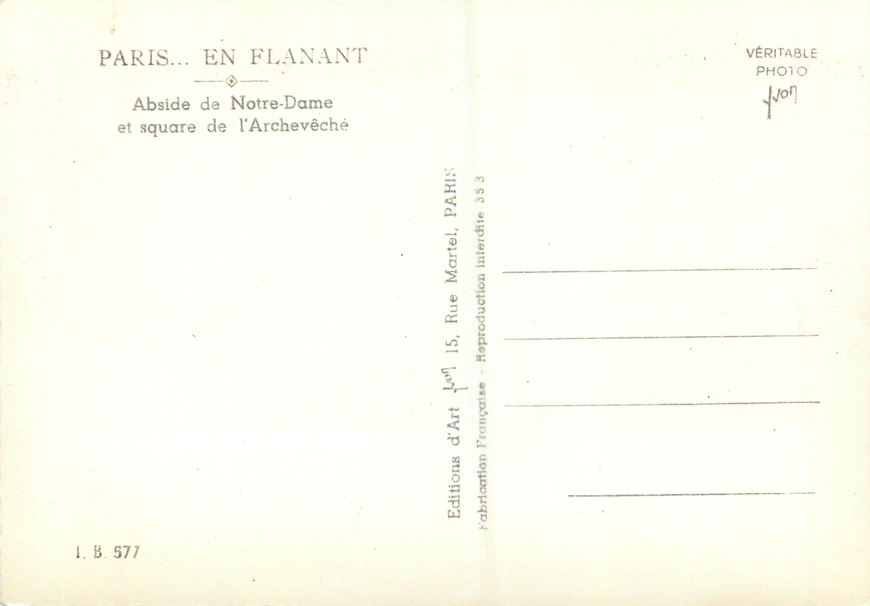 CPM Paris en Flanant Abside de Notre Dame et Square de l'Archeveche — Verso