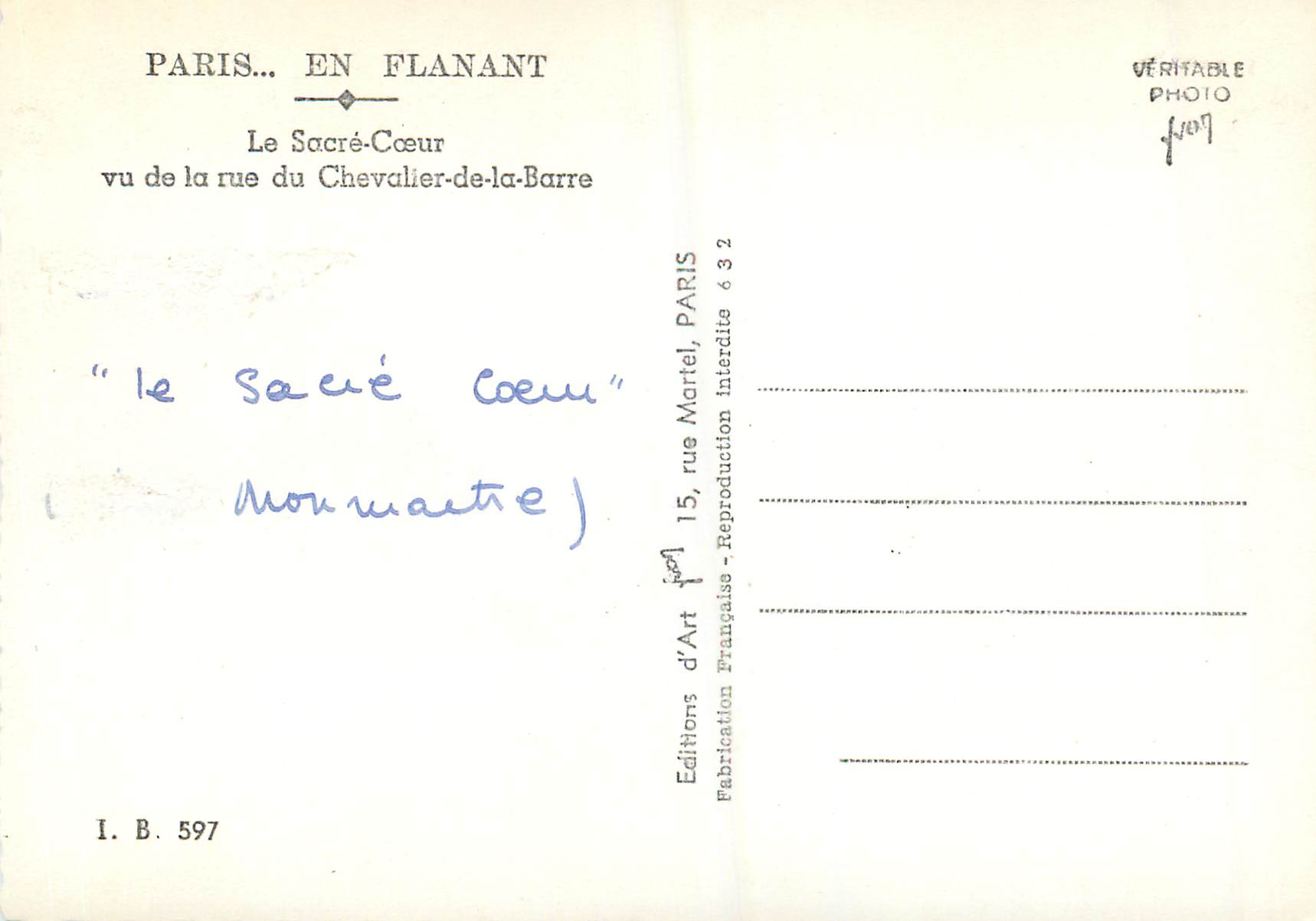 CPM Paris en Flanant Le Sacre Coeur Vu de la Rue du Chevalier de la Barre — Rückseite